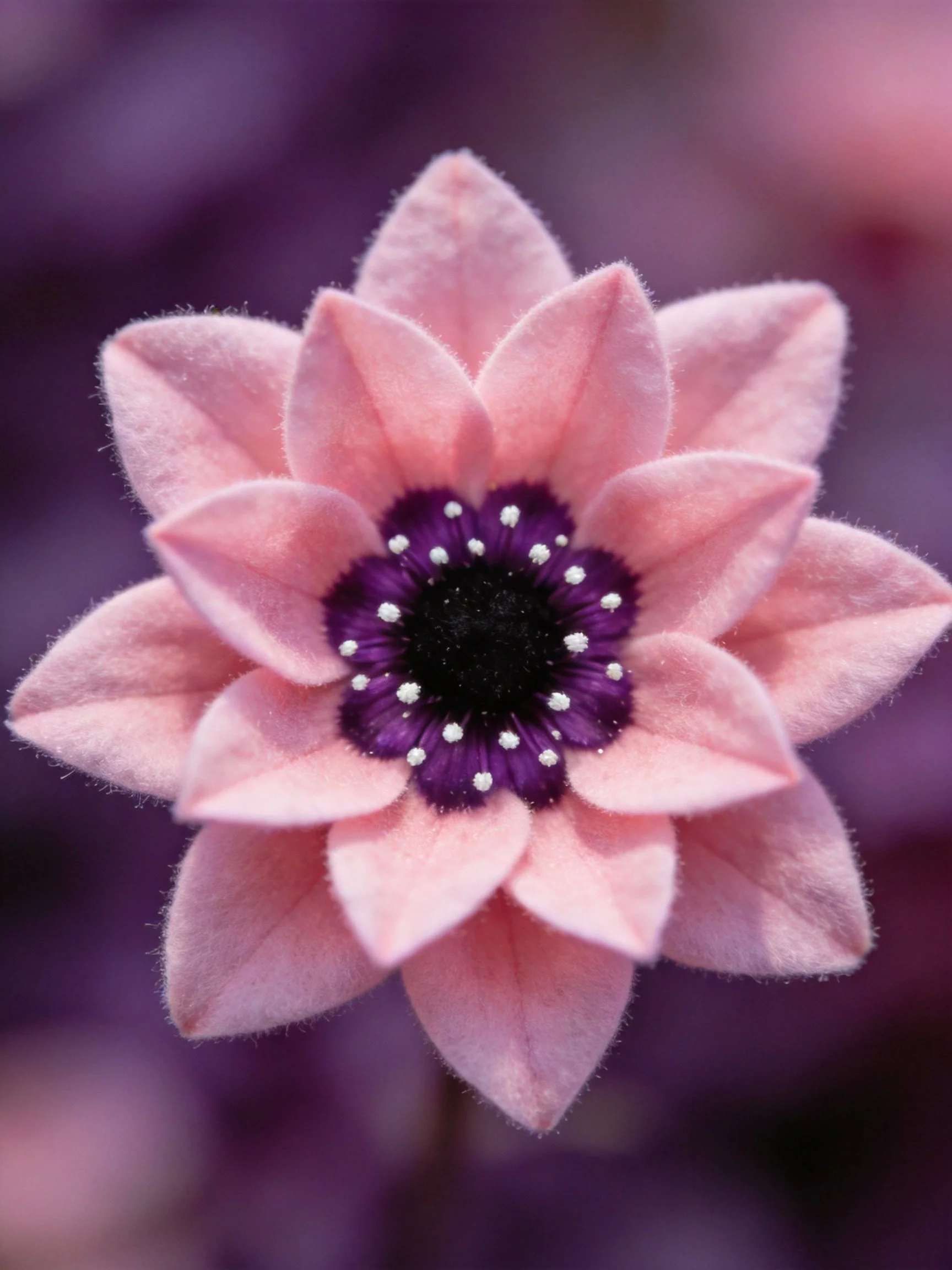 A layered pink felt flower with purple and black center