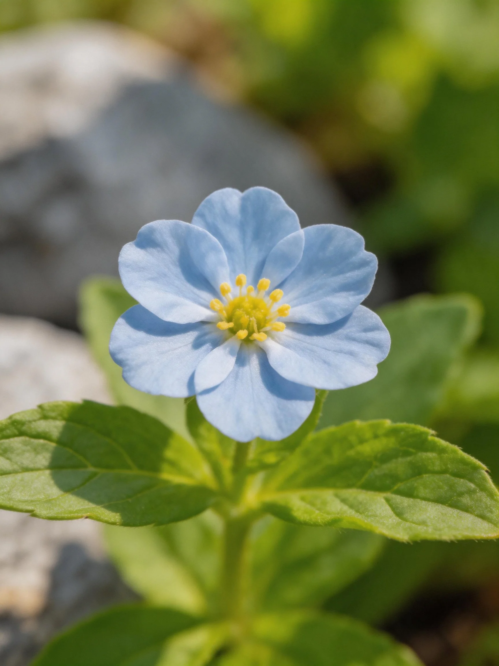A light blue flower with yellow center and green leaves