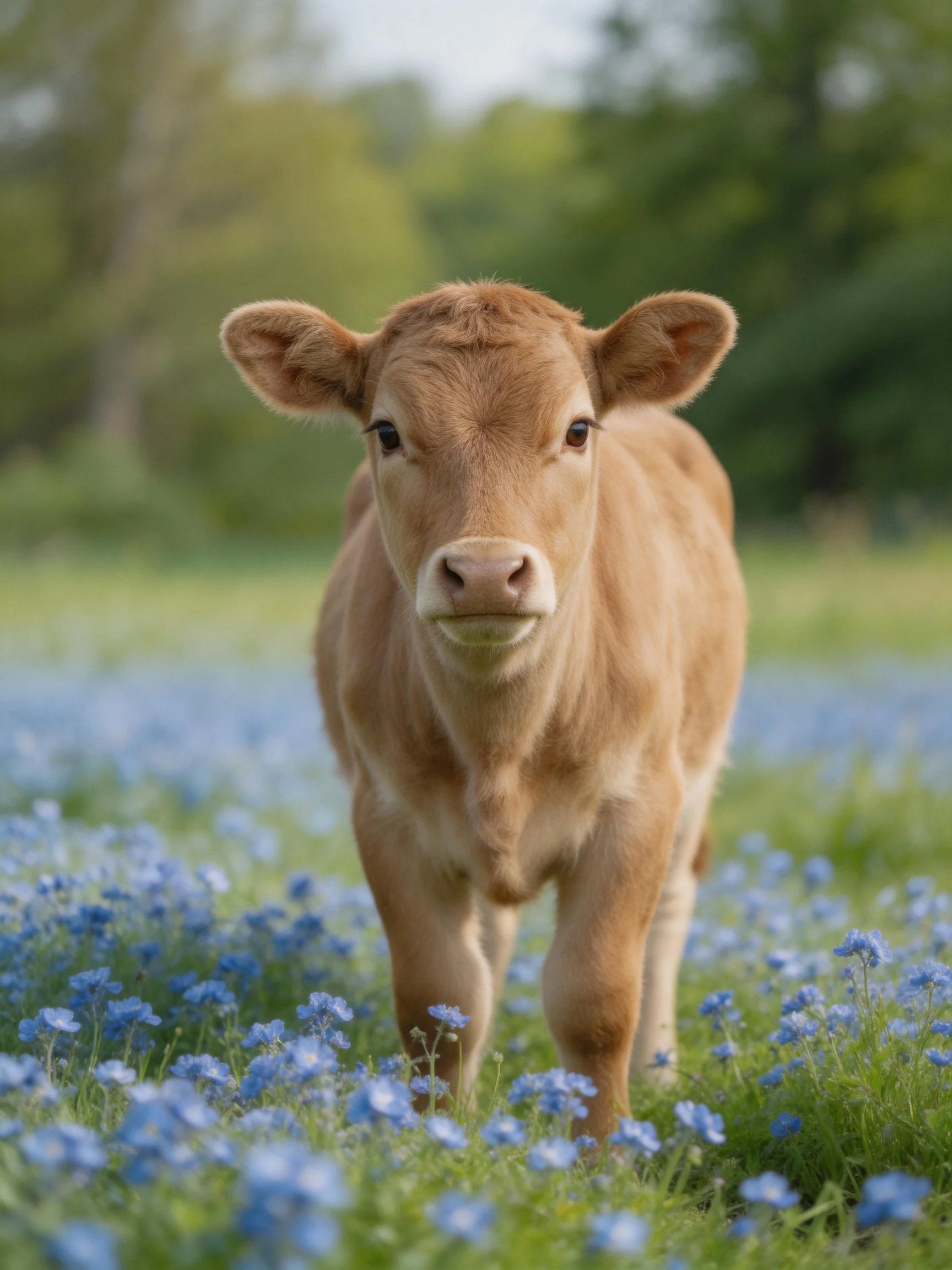 A light brown calf stands in a field of blue wildflowers
