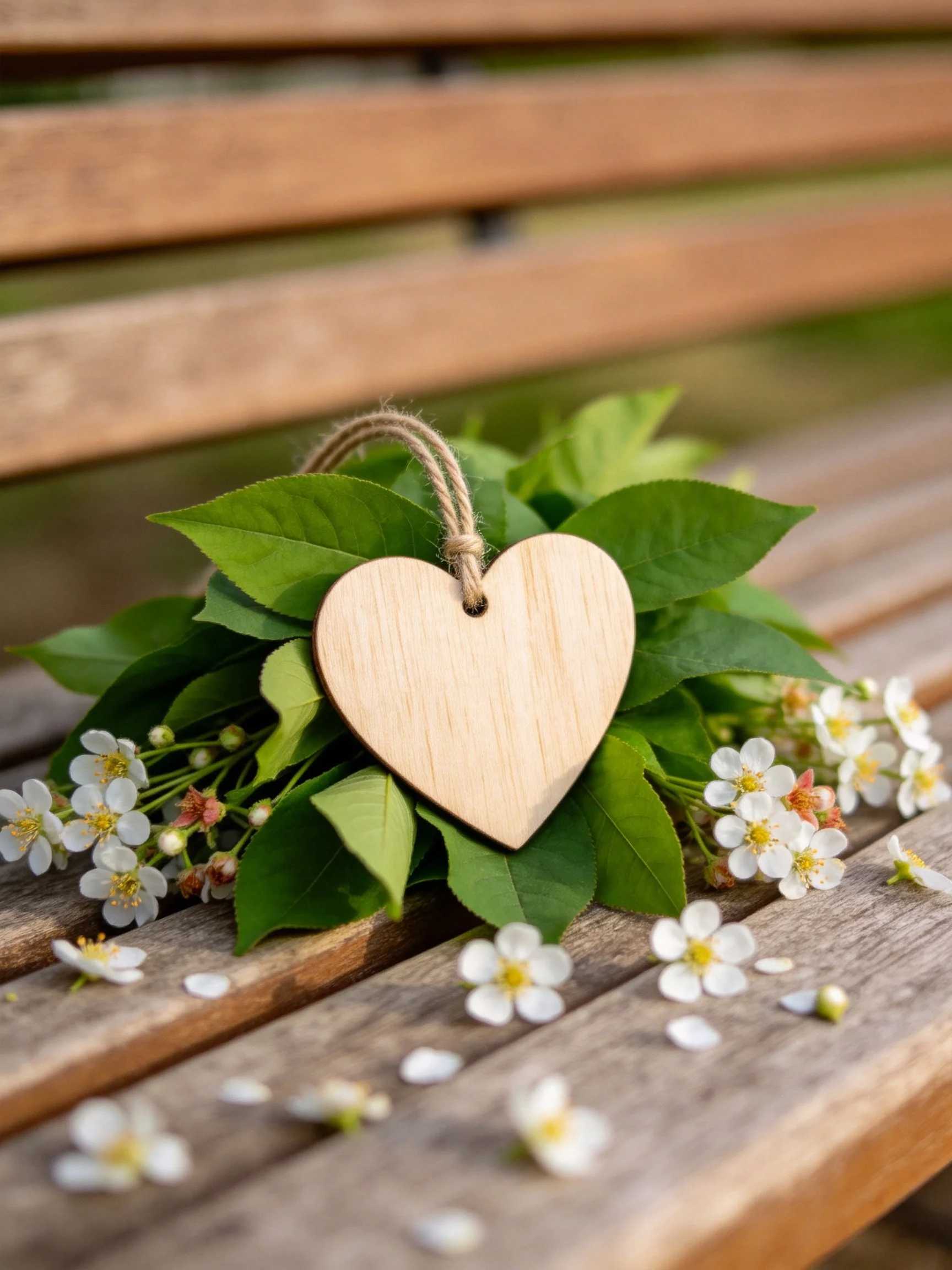 A light wooden heart ornament among green leaves and white flowers on a wooden bench