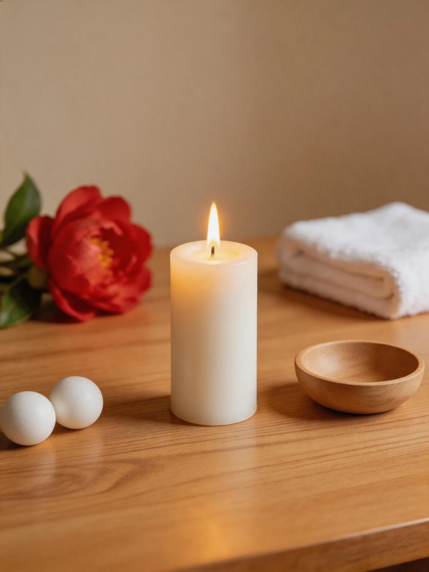 A lit white candle, red flower, folded towel, wooden bowl, and two white spheres on a wooden table