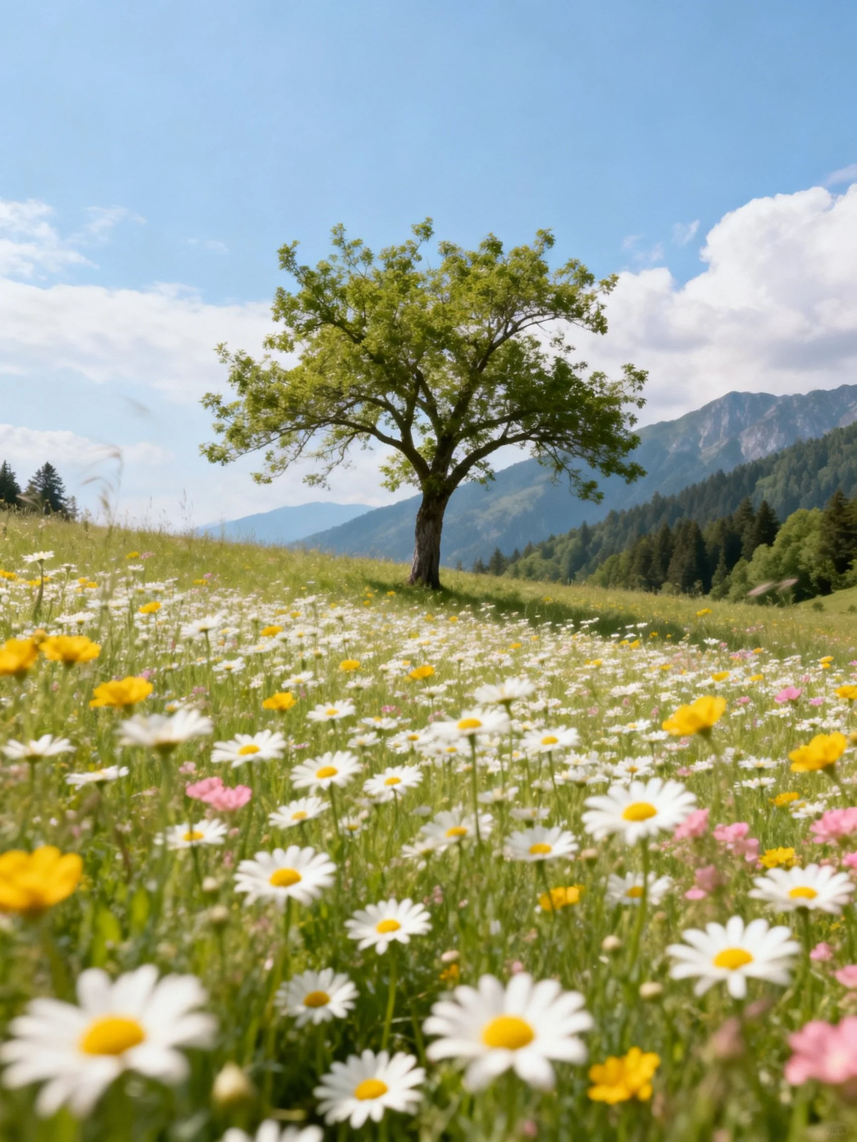 A lone tree in a colorful wildflower meadow with distant mountains