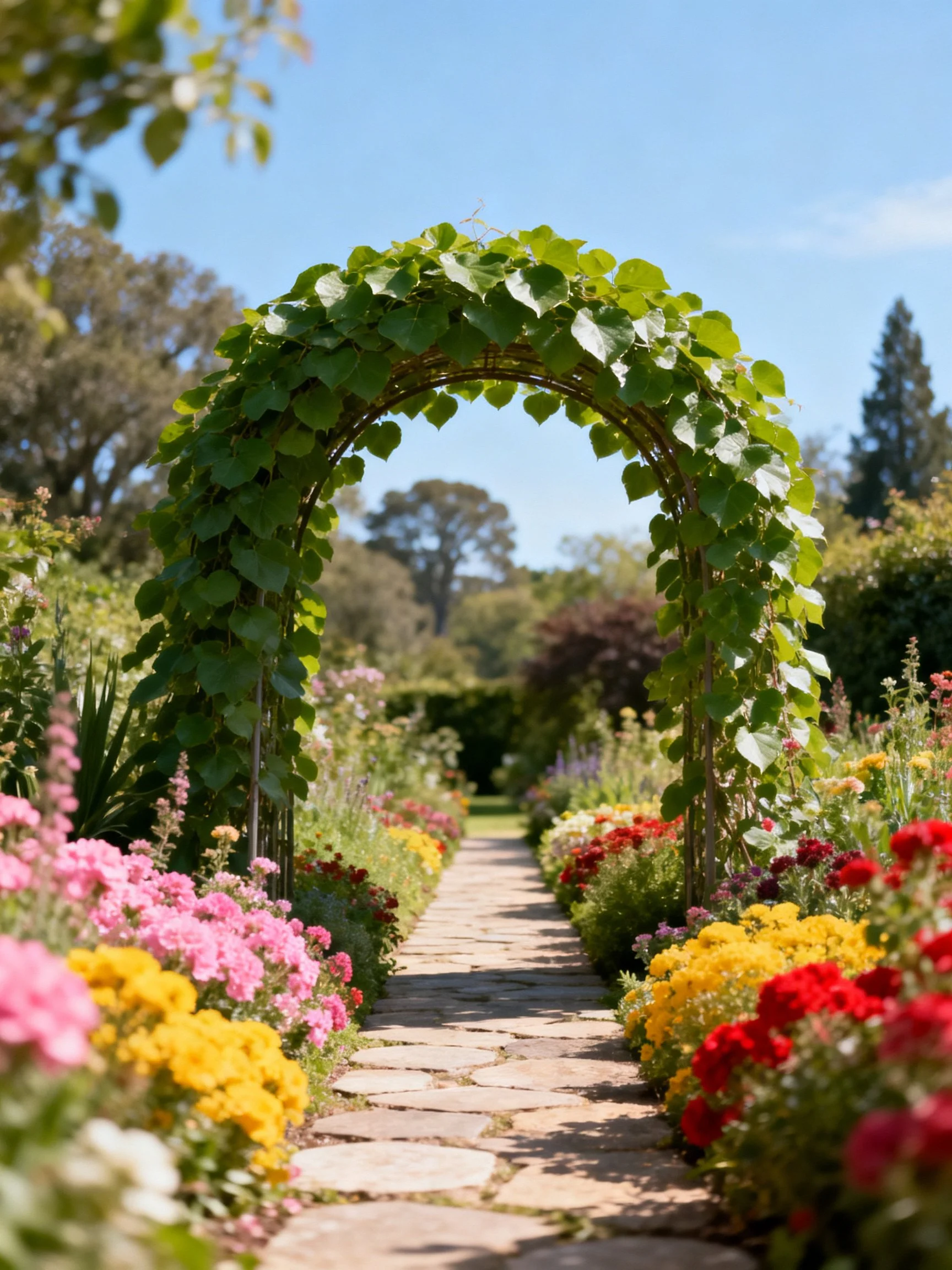 A lush green archway spans a stone path amid vibrant flower beds