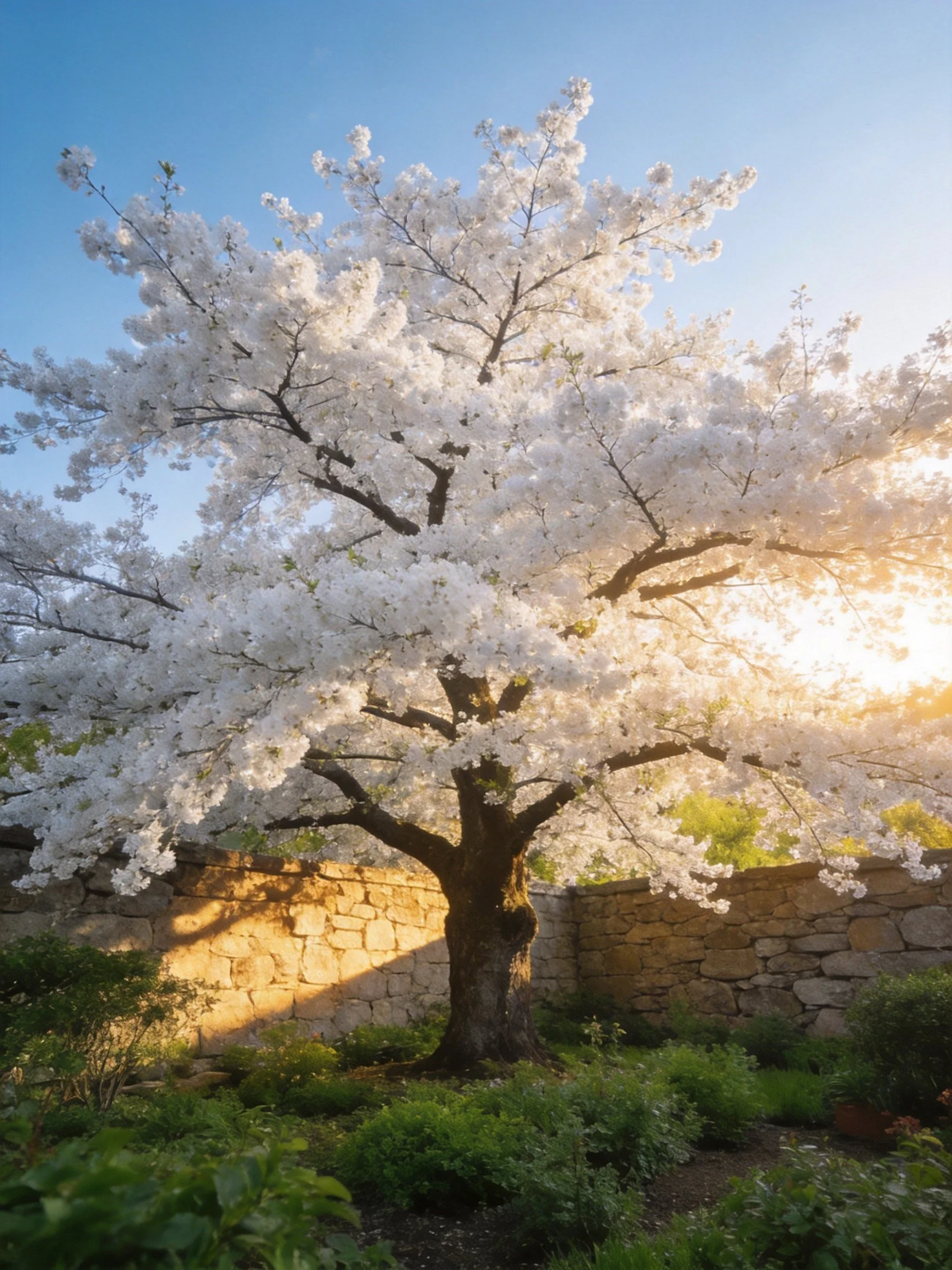 A majestic cherry blossom tree blooms beside an ancient stone wall