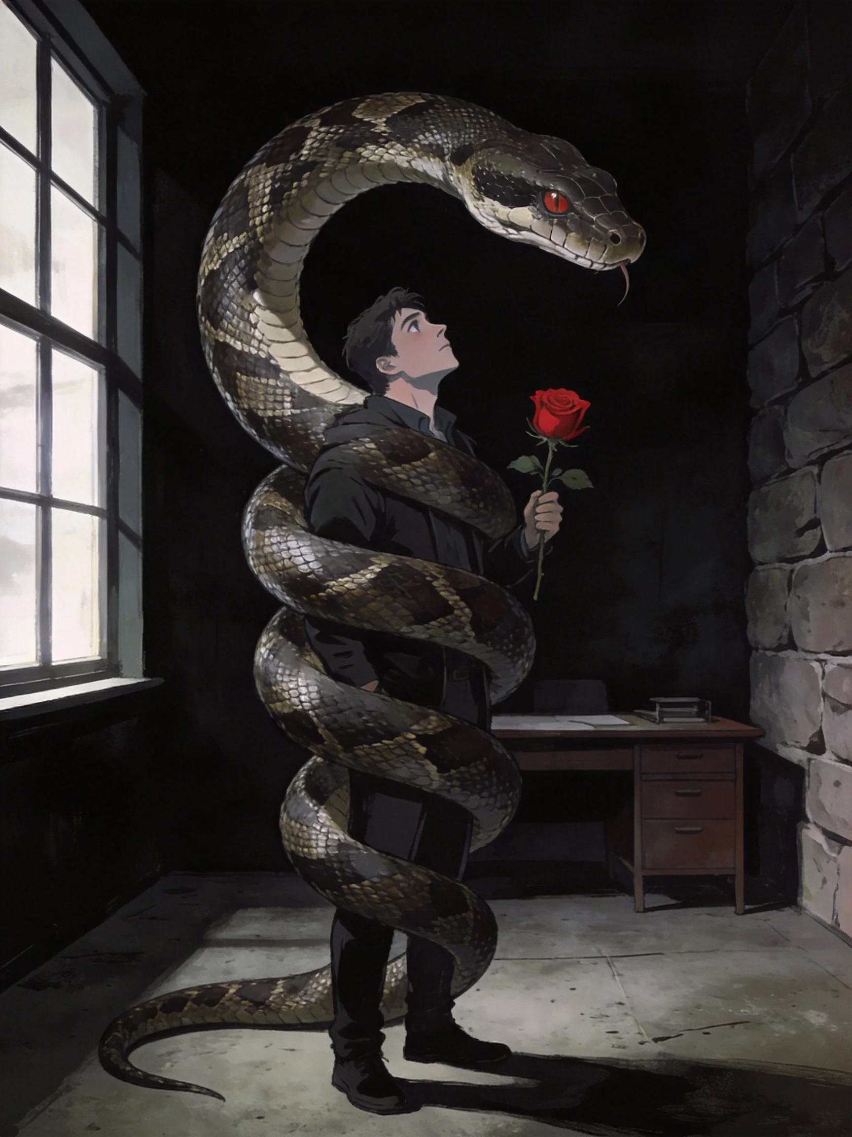 A man entwined by a giant snake with a red rose in a shadowy stone room