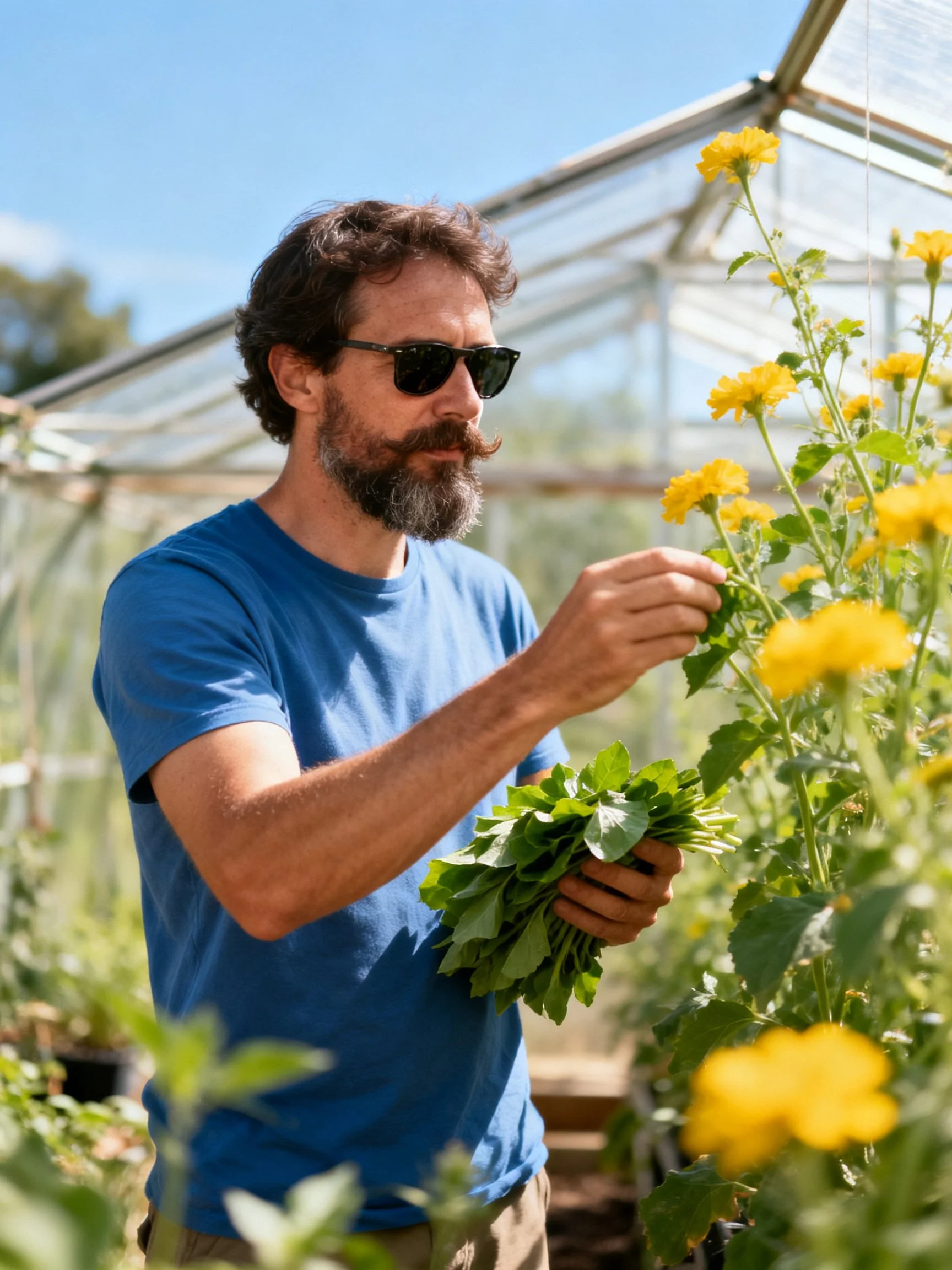 A man in a blue shirt tends yellow flowers in a greenhouse