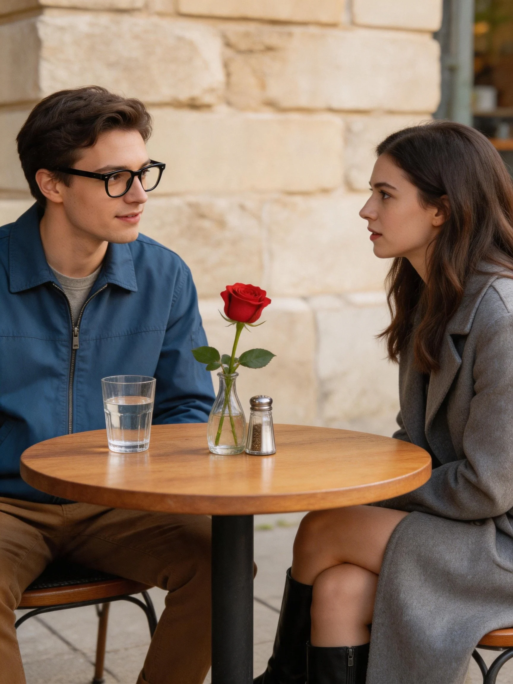 A man in blue jacket and woman in gray coat sit at a small round wooden table with a single red rose