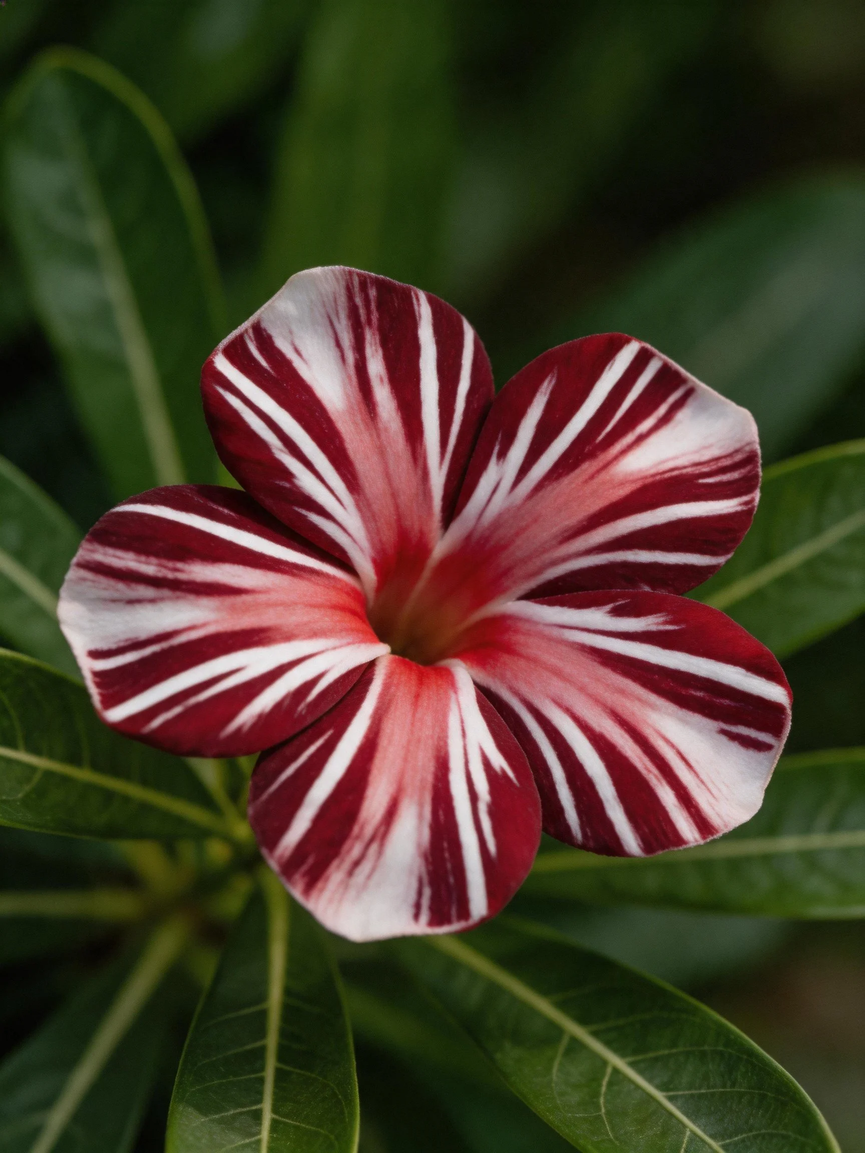 A maroon and white striped flower with lush green foliage