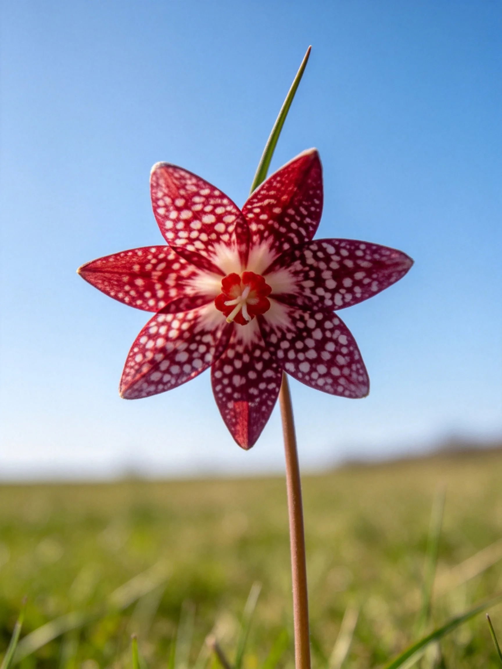 A maroon - spotted flower blooms in a sunny meadow