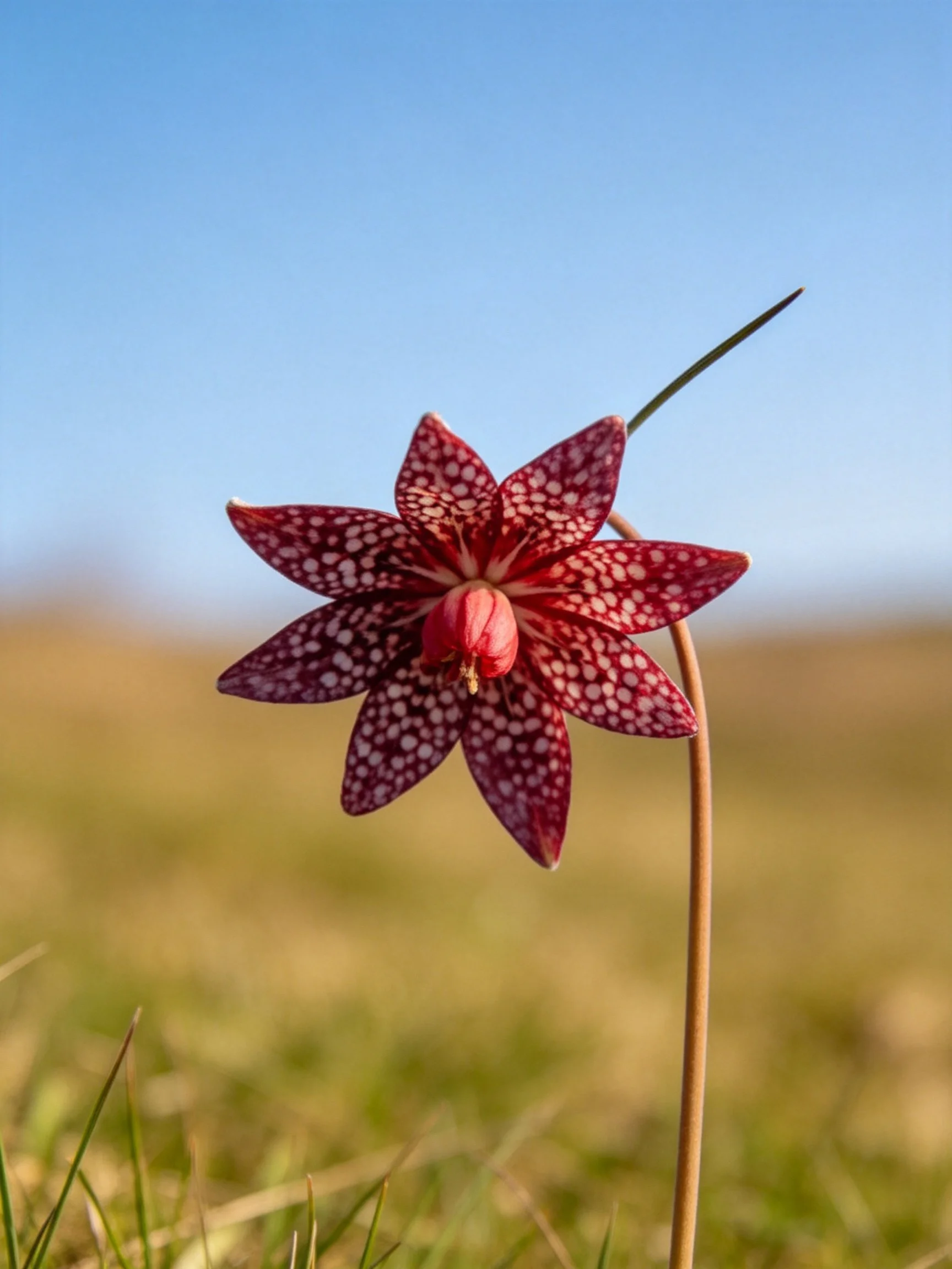 A maroon-spotted starflower blooms on a curved stem in a sunny field