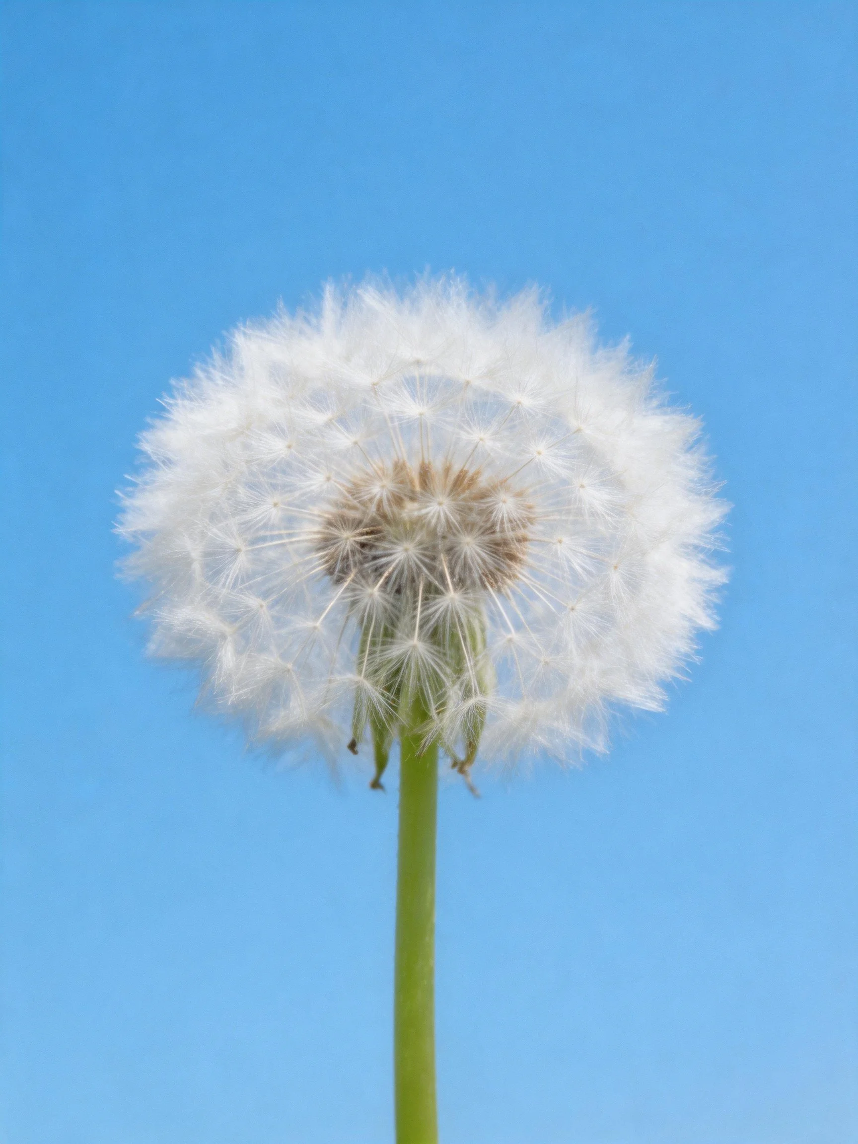 A mature dandelion seed head against a clear blue sky