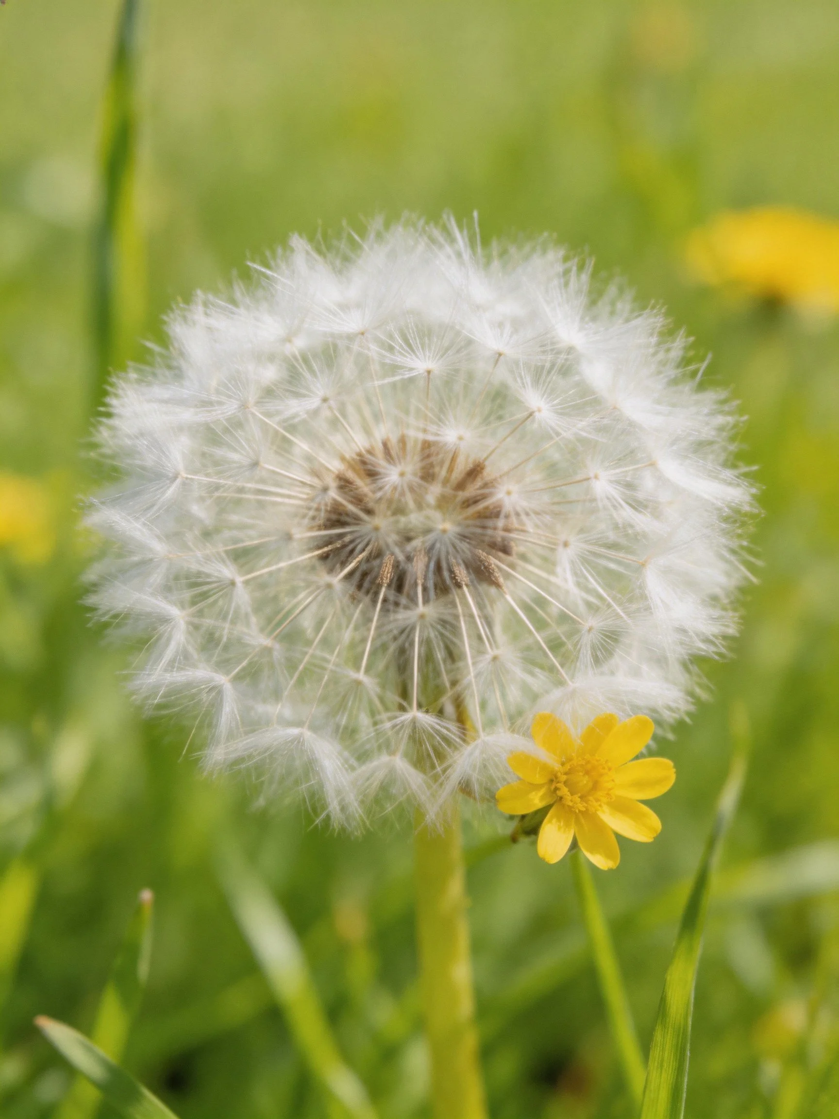 A mature dandelion seed head beside a small yellow flower in a grassy field