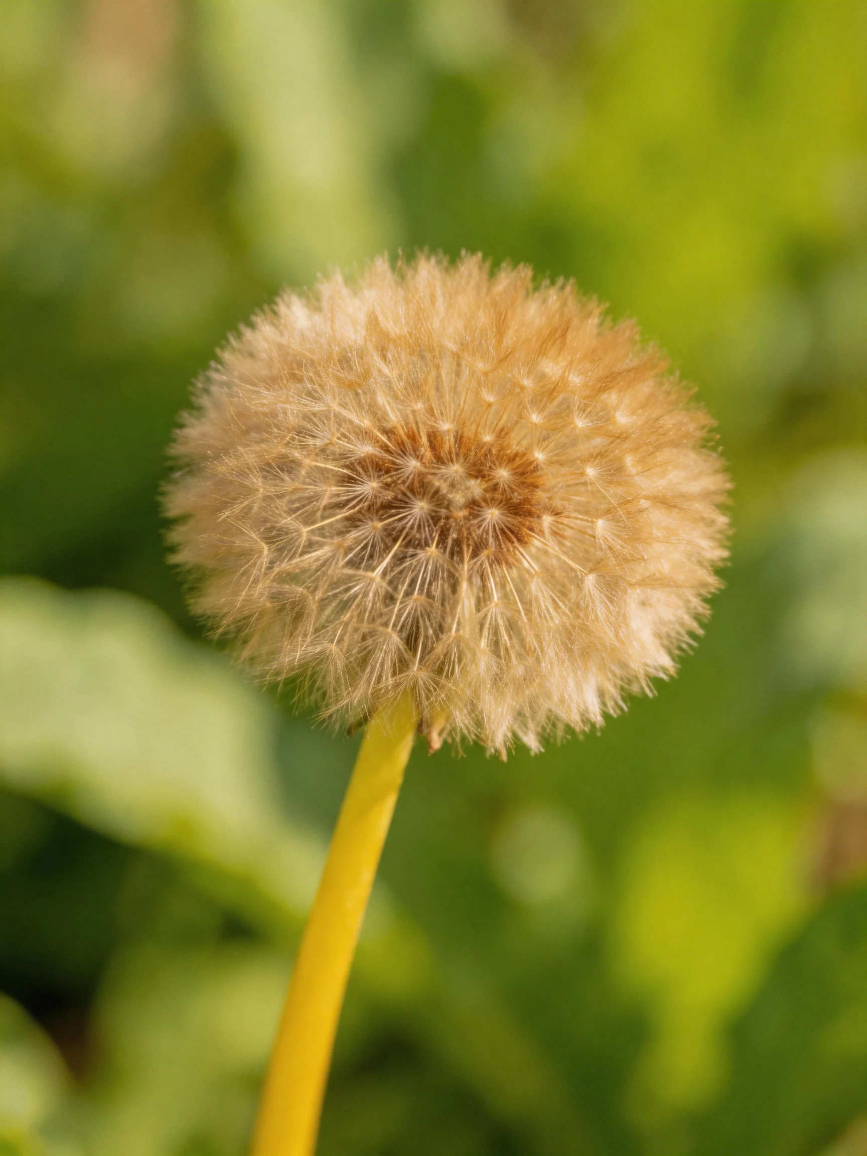 A mature dandelion seed head with a bright yellow stem