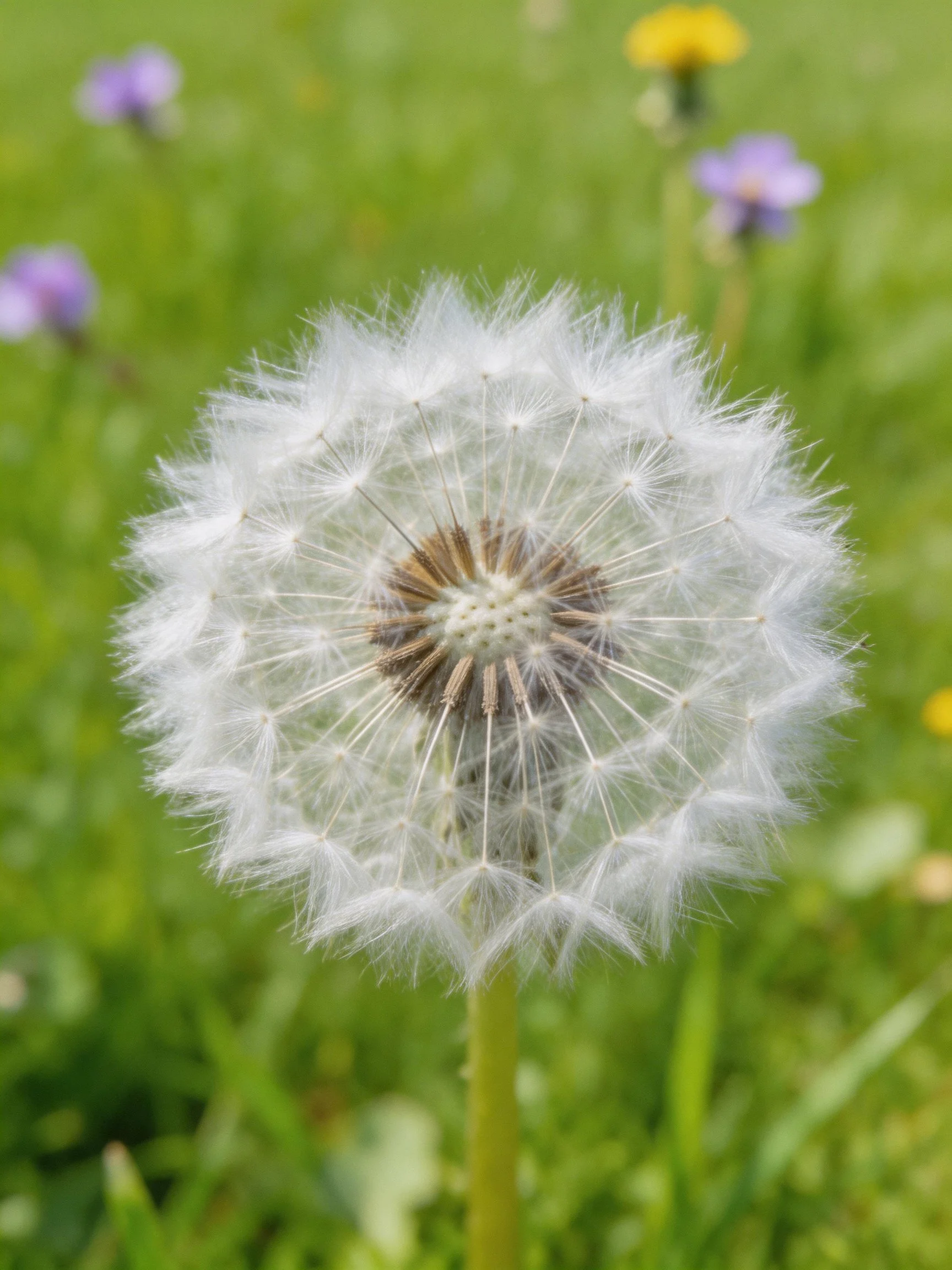 A mature dandelion seed head with delicate white filaments on a green meadow