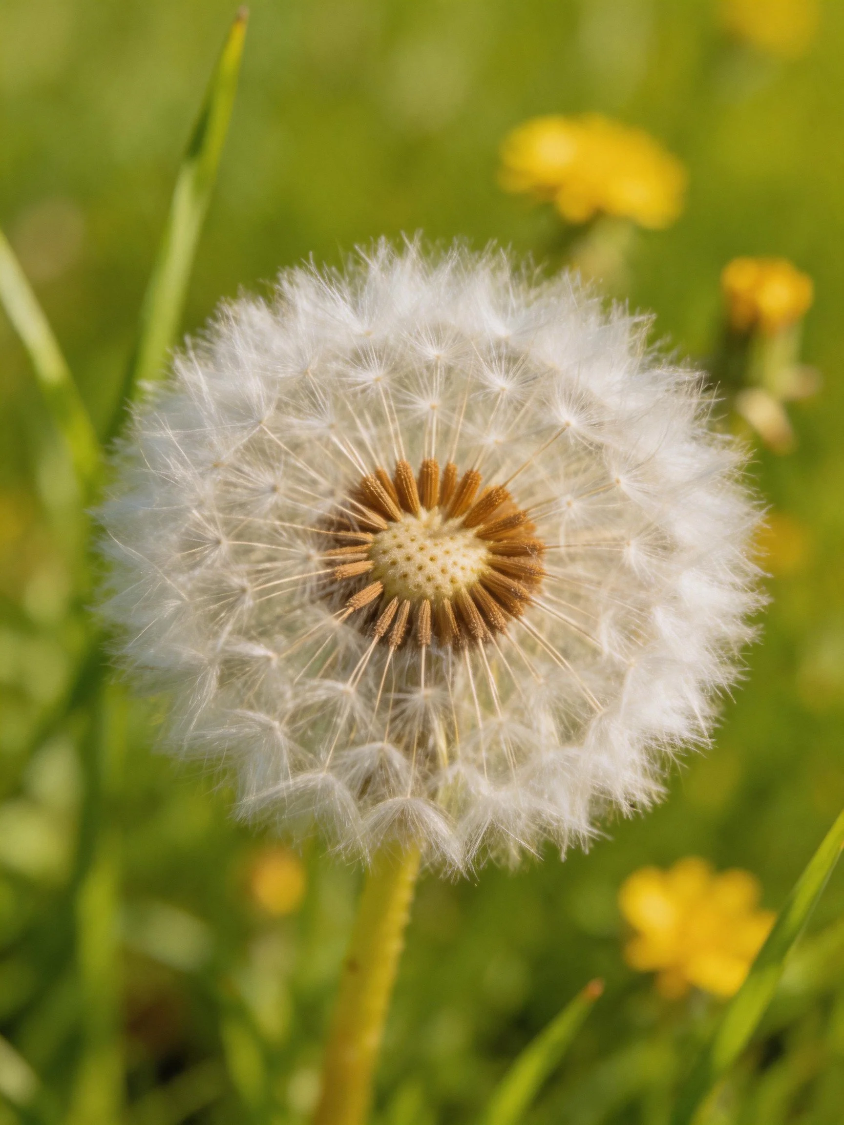 A mature dandelion seed head with white filaments and green surroundings