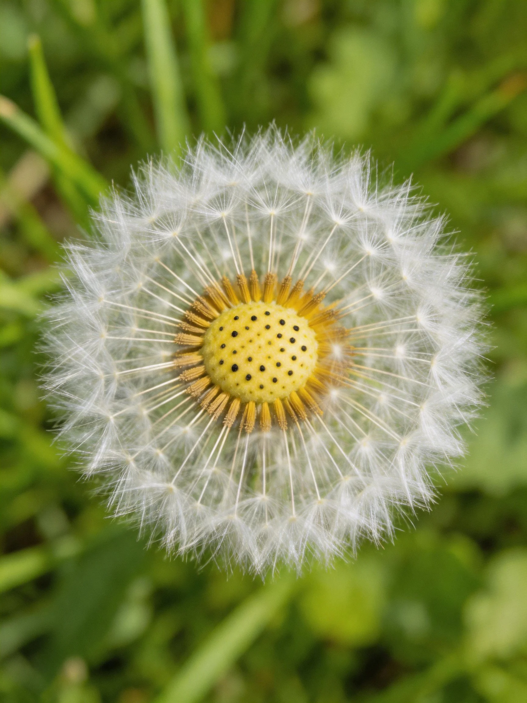 A mature dandelion seed head with white filaments and yellow center