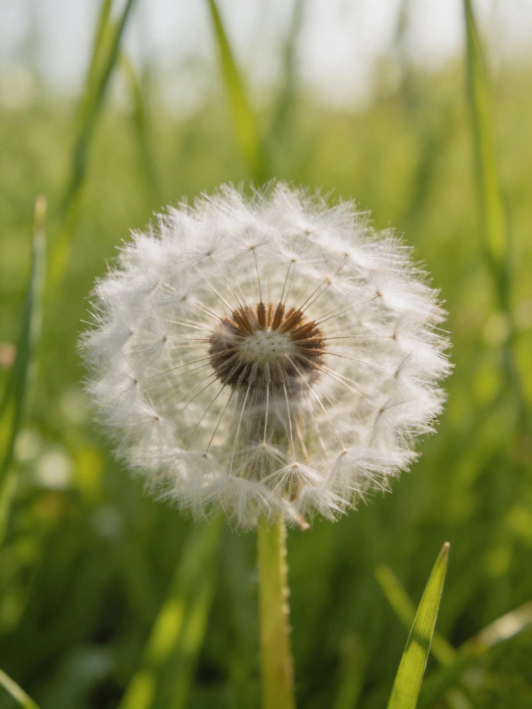 A mature dandelion seed head with white filaments in green grass