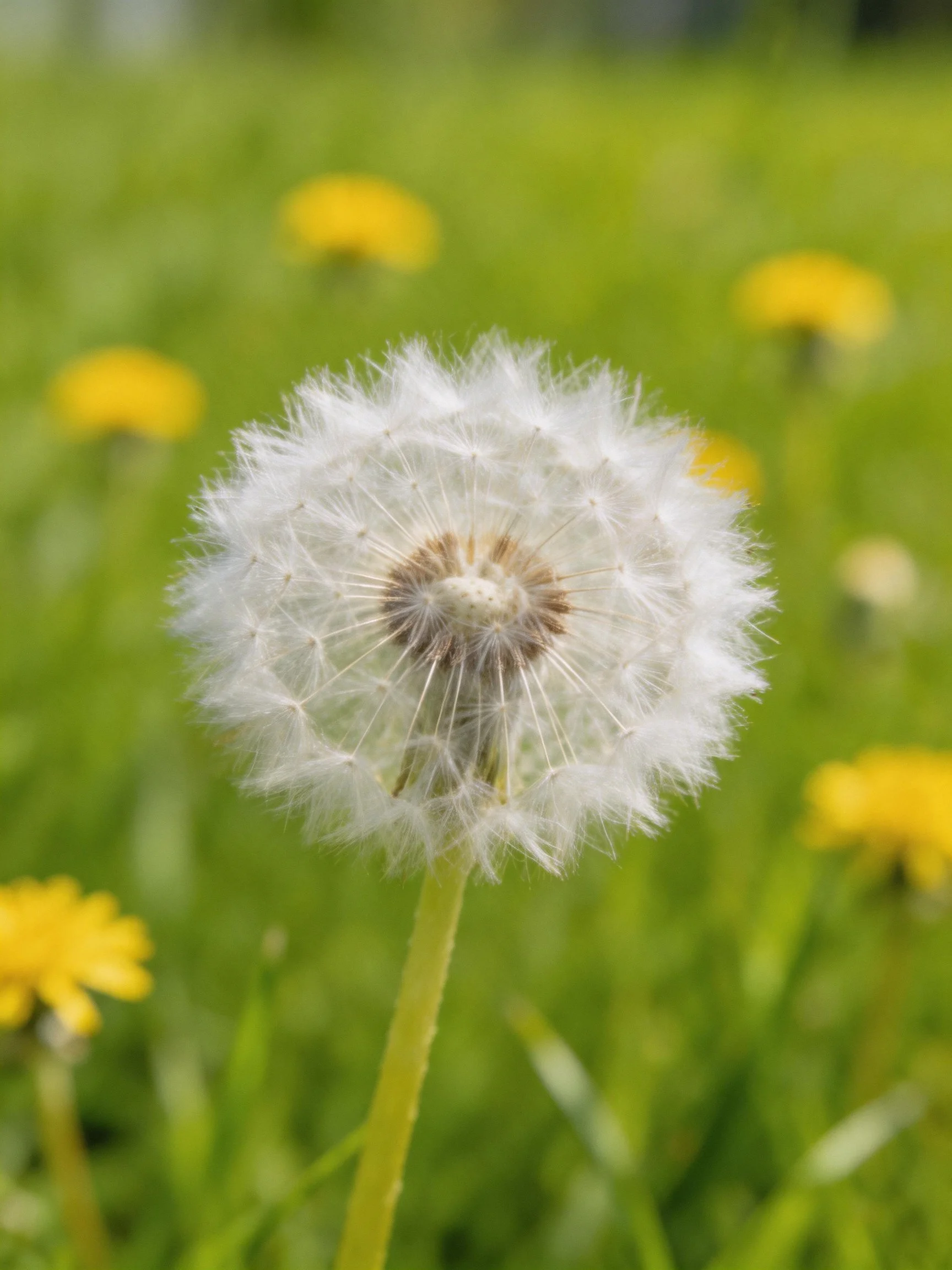A mature dandelion seed head with yellow flowers in a green meadow