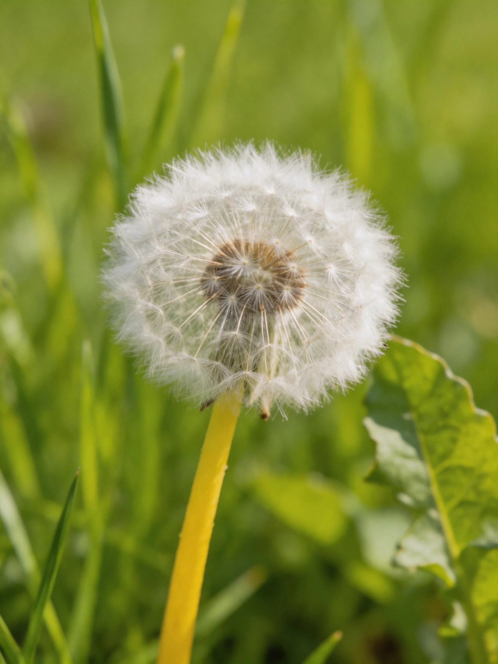 A mature dandelion seed head with yellow stem among green foliage