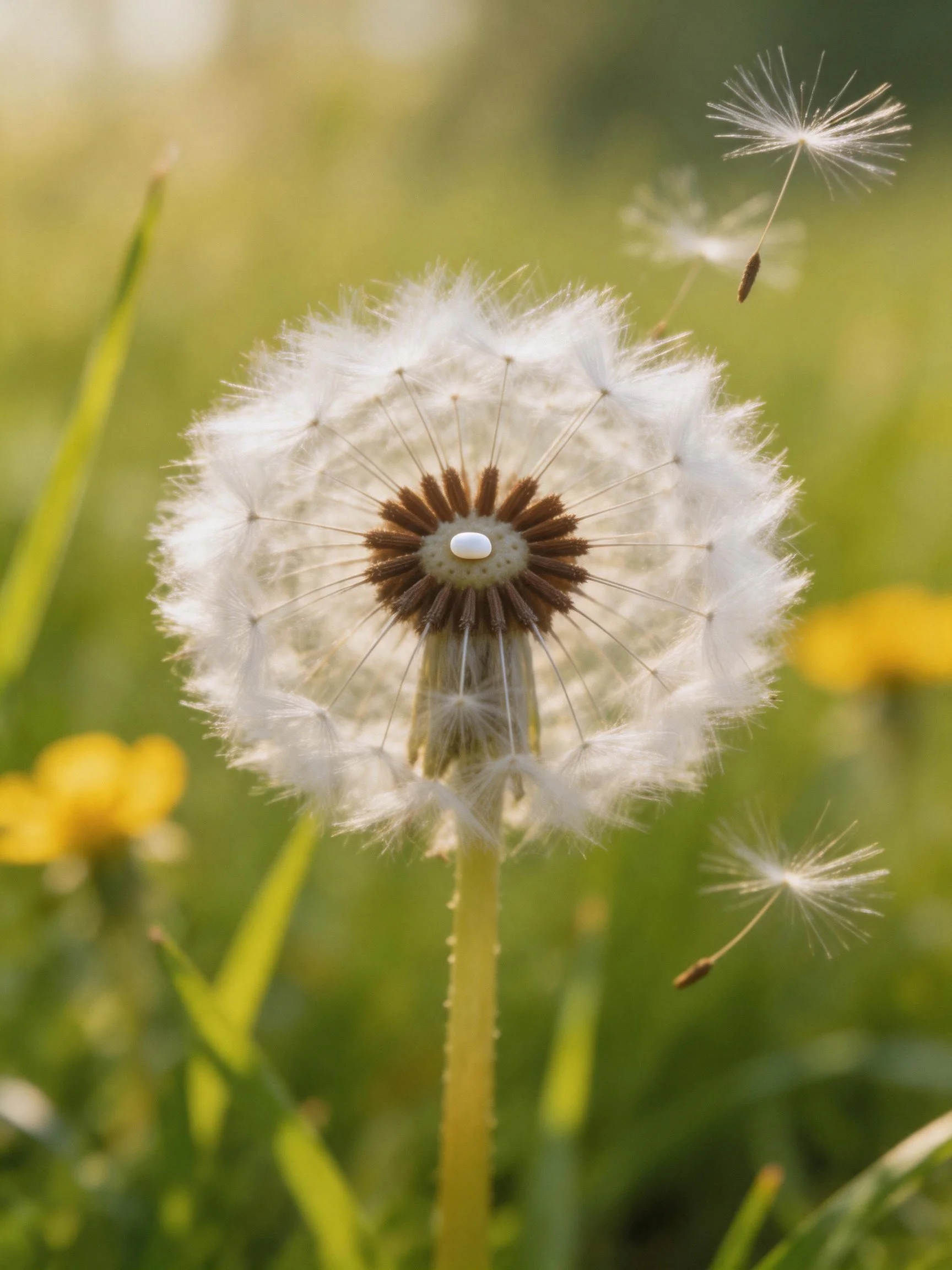 A mature dandelion with floating seed heads in a green meadow