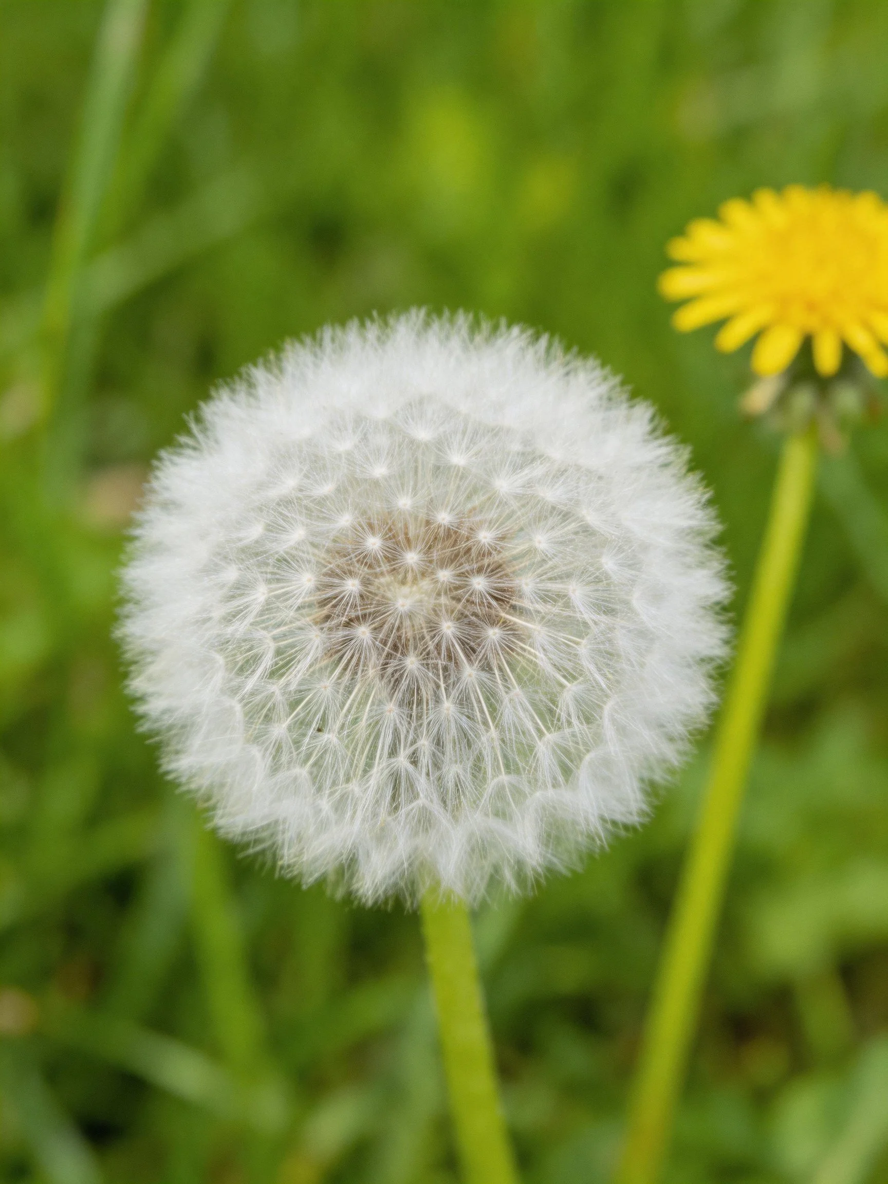 A mature white dandelion seed head beside a yellow dandelion flower