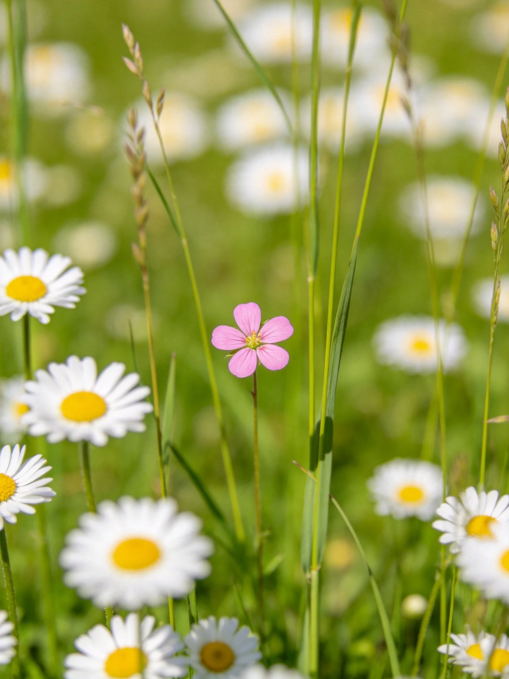 A meadow of white daisies with a single pink flower