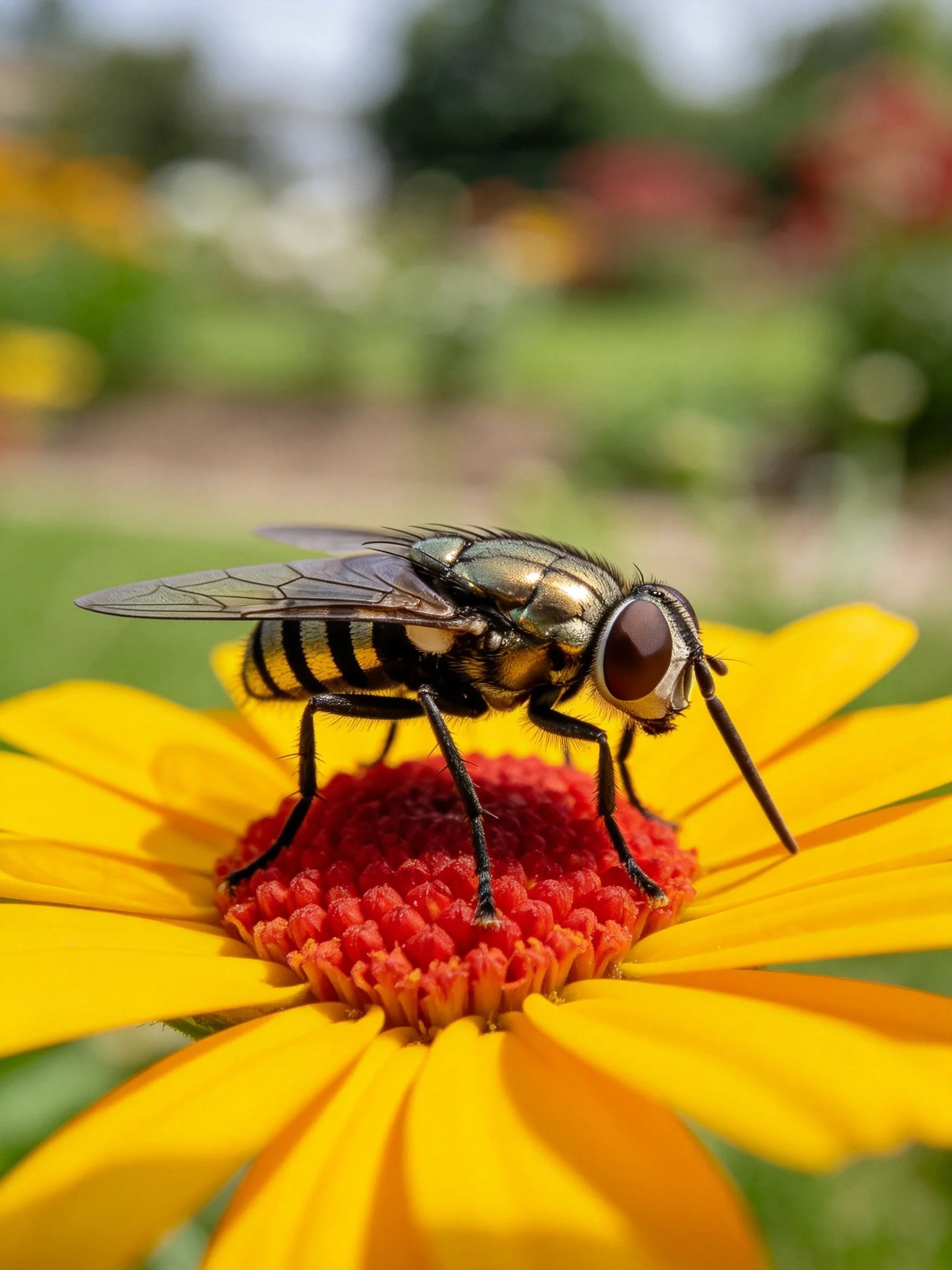 A metallic black and gold fly perched on a bright yellow flower