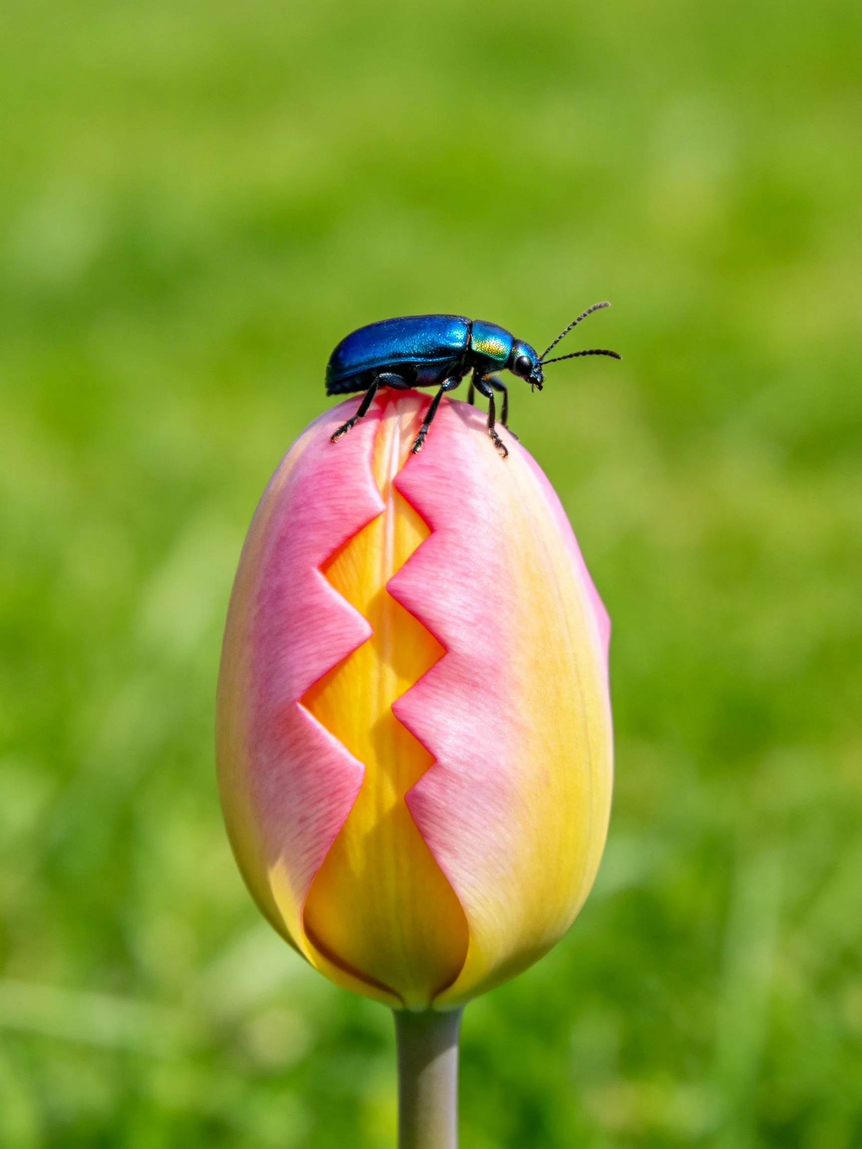 A metallic blue beetle perches on a pink-yellow tulip bud