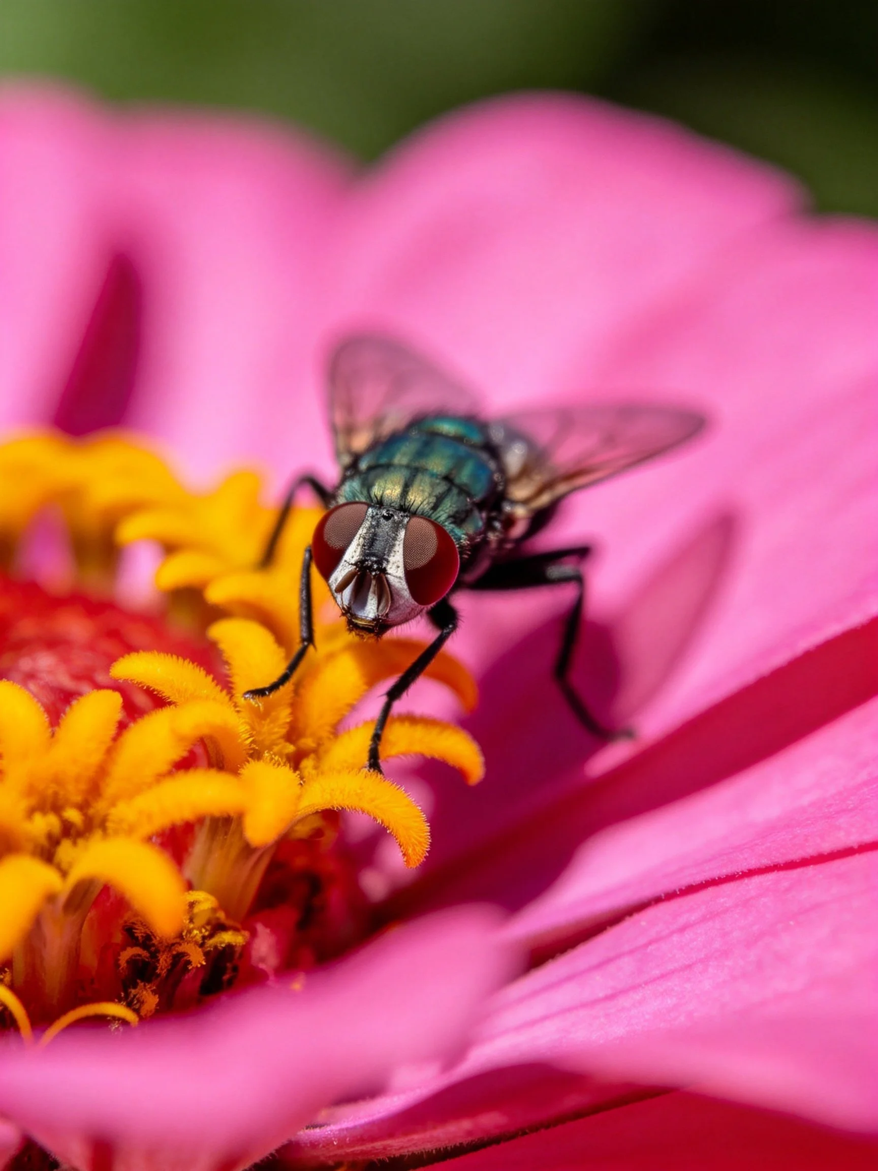 A metallic blue fly perched on a bright pink flower with yellow stamens