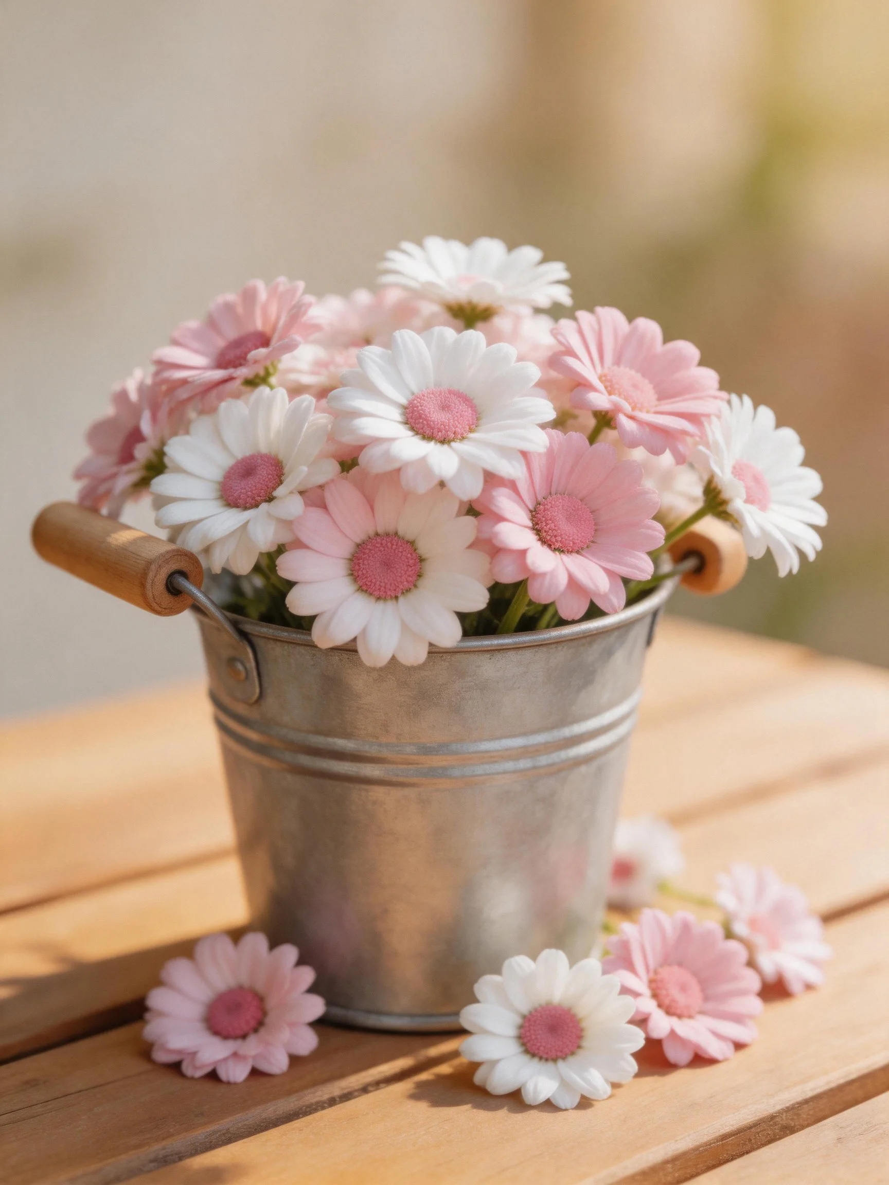 A metallic bucket with pink and white daisies on wood