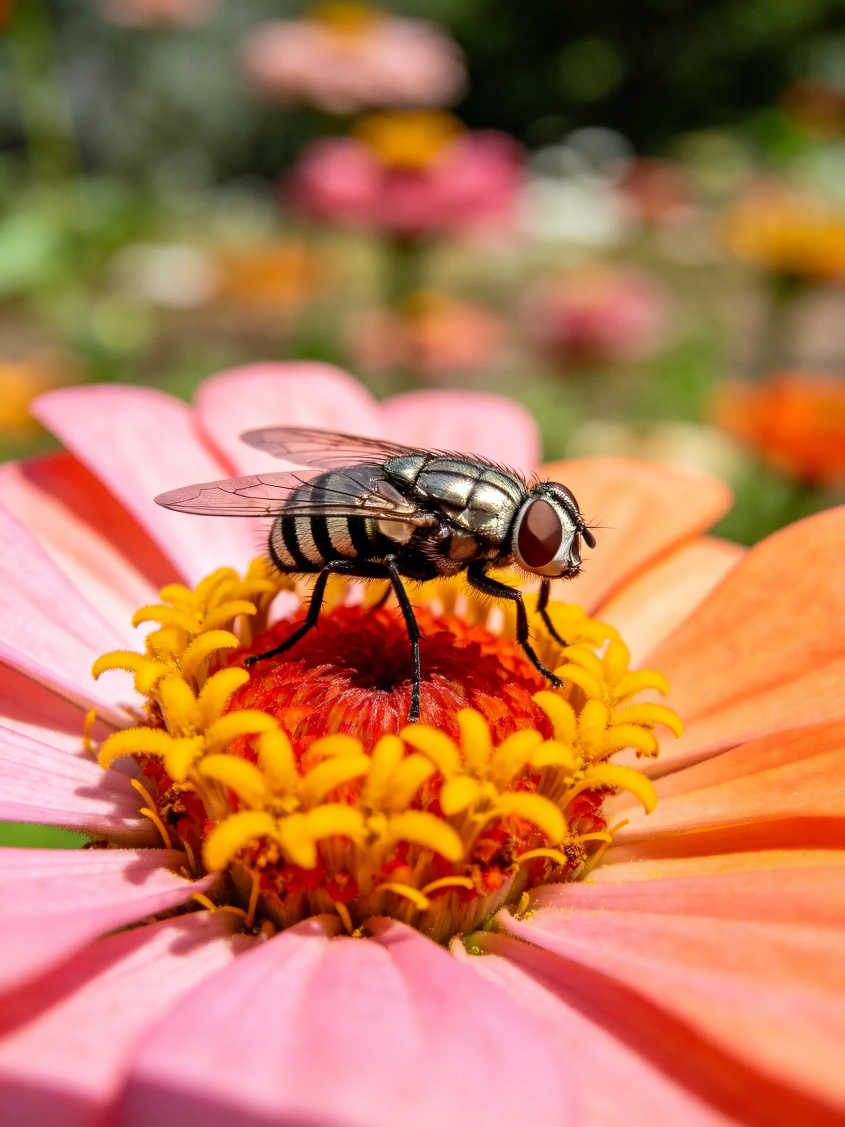 A metallic fly perched on a vibrant pink-orange flower