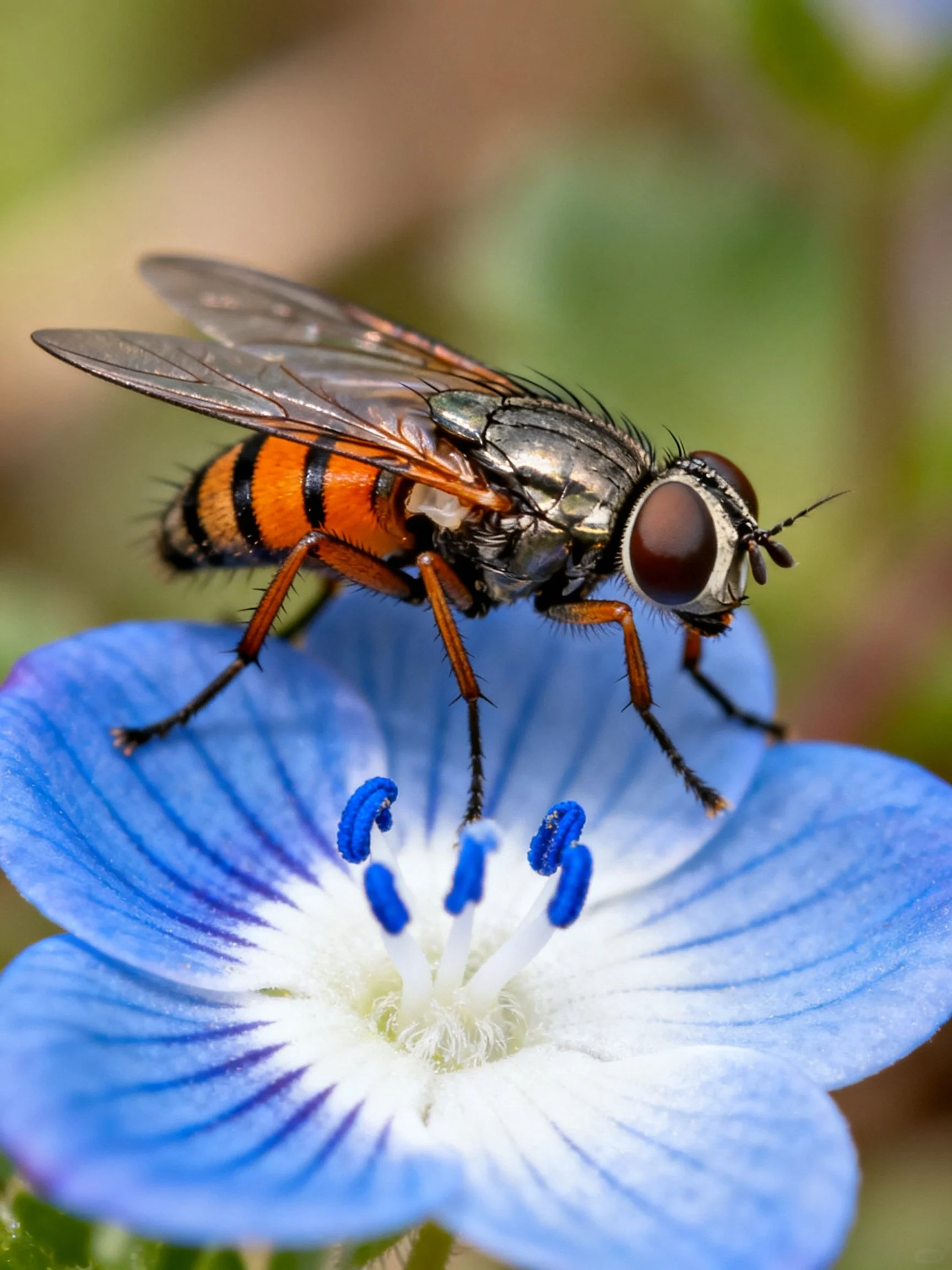 A metallic fly with orange and black stripes perches on a bright blue flower