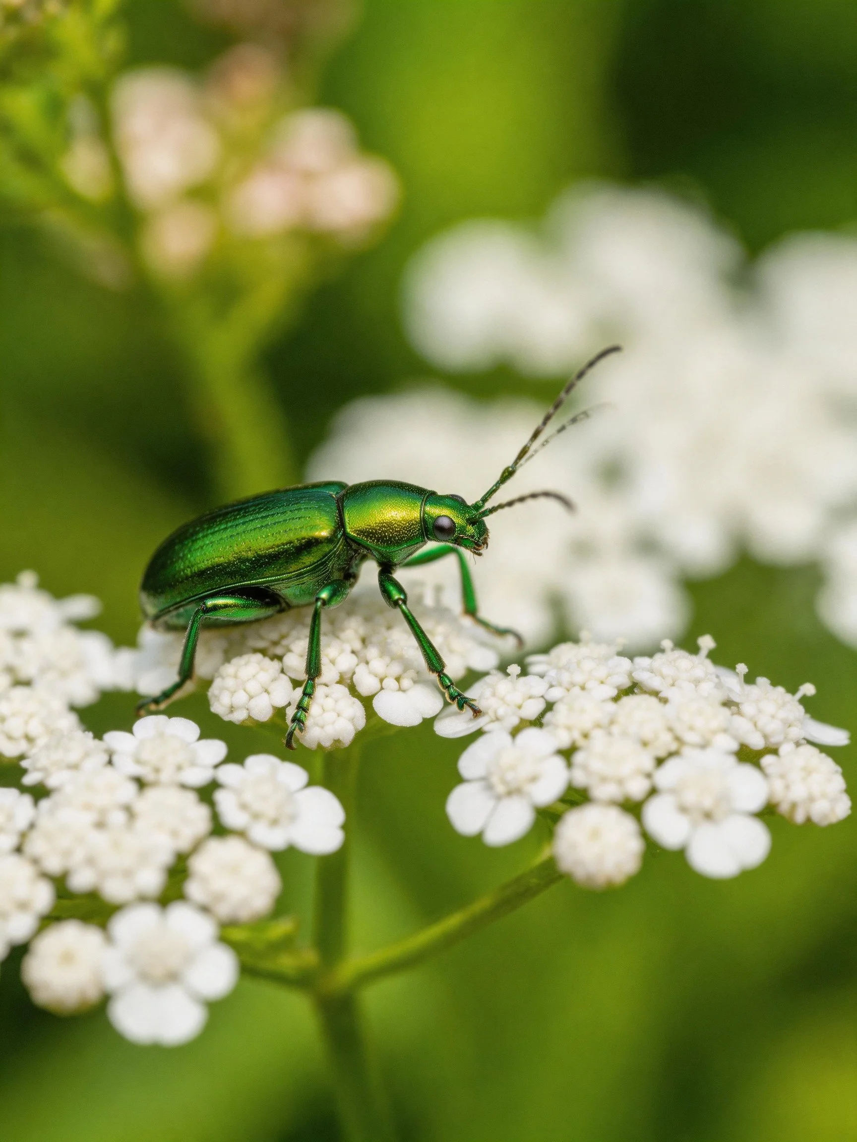 A metallic green beetle on clustered white flowers