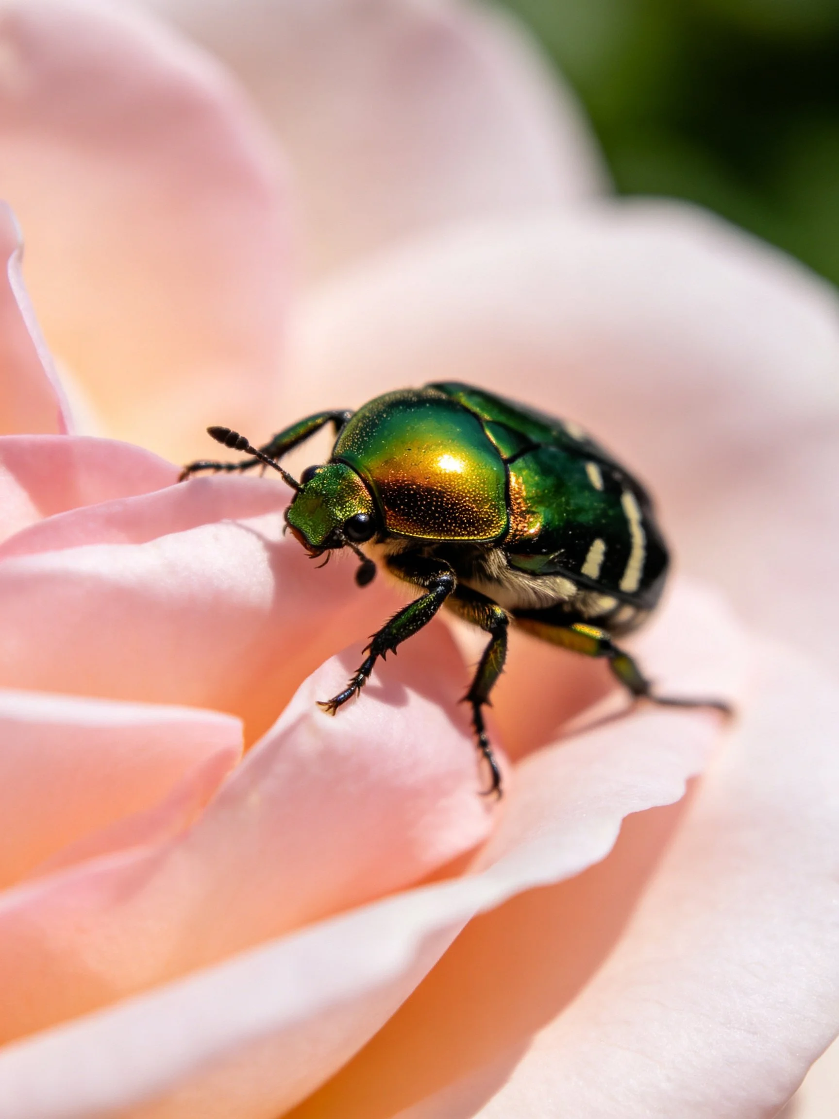 A metallic green beetle rests on soft pink flower petals
