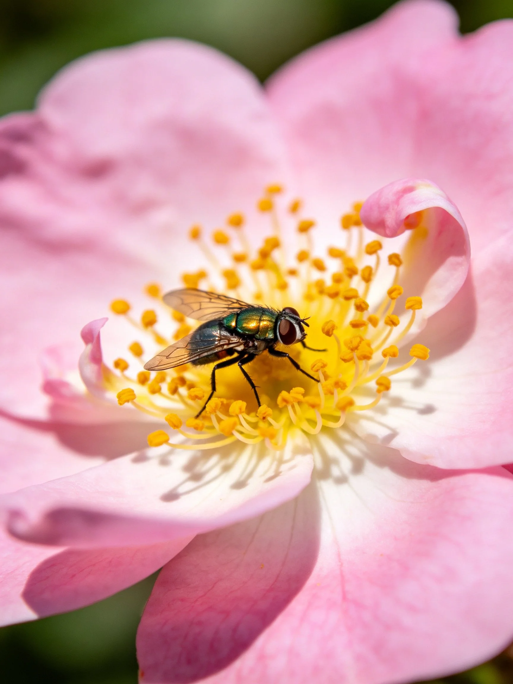 A metallic-green fly on a pink rose with yellow stamens