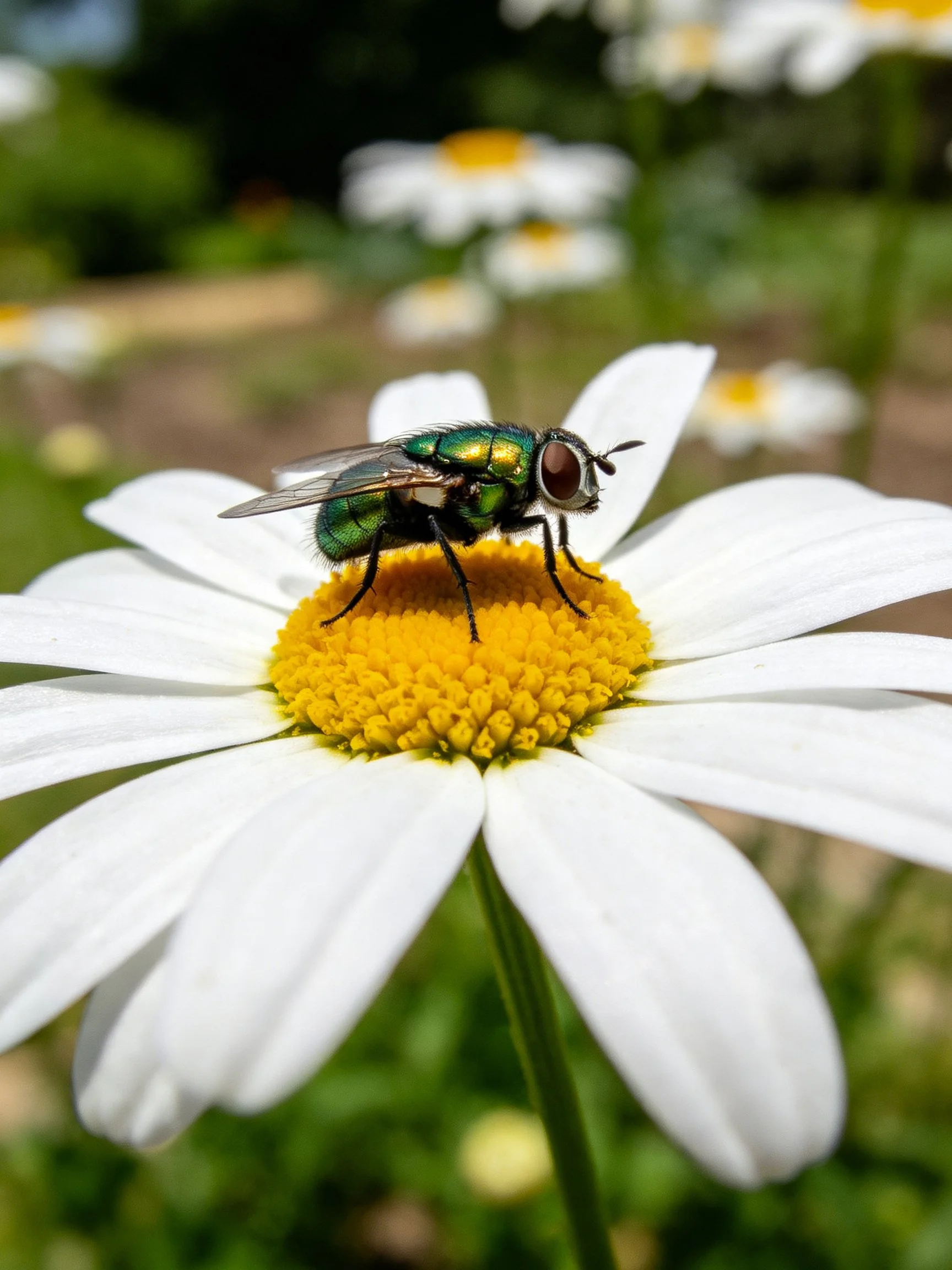 A metallic green fly on a white daisy with a yellow center
