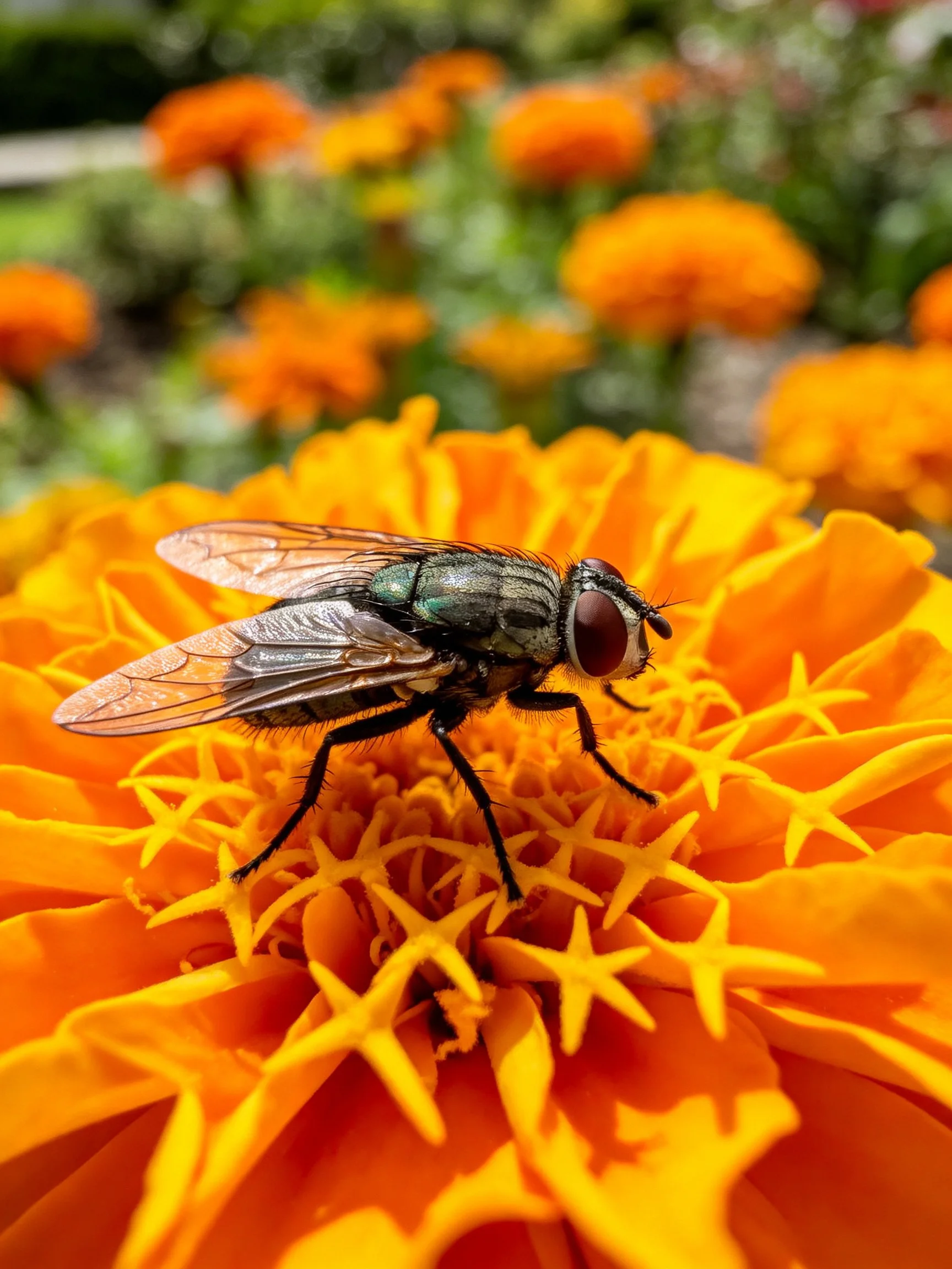 A metallic green fly perched on an orange marigold blossom