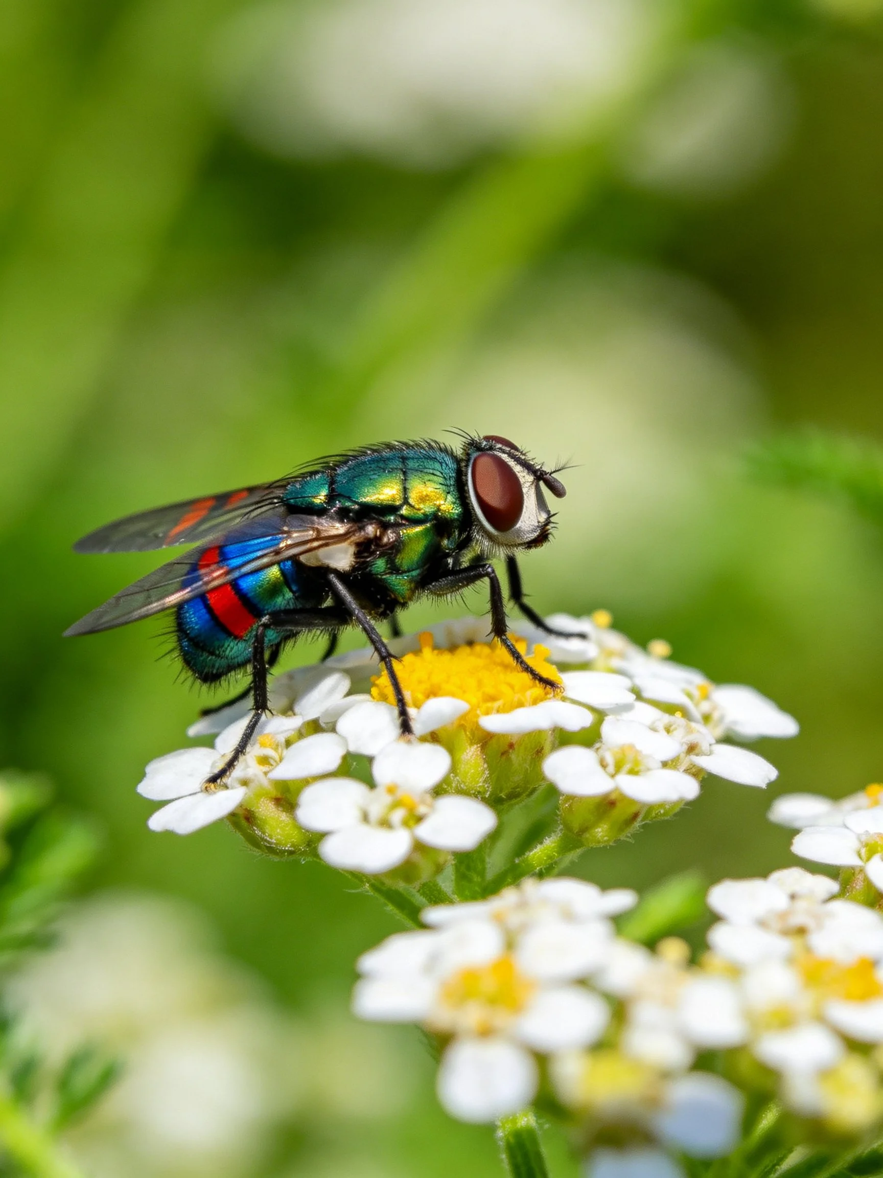 A metallic green fly perched on small white flowers