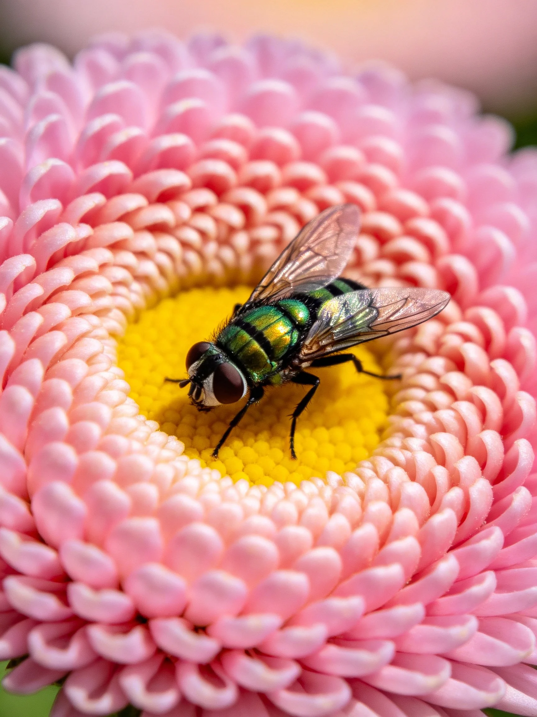 A metallic green fly perches atop a pink chrysanthemum’s yellow center