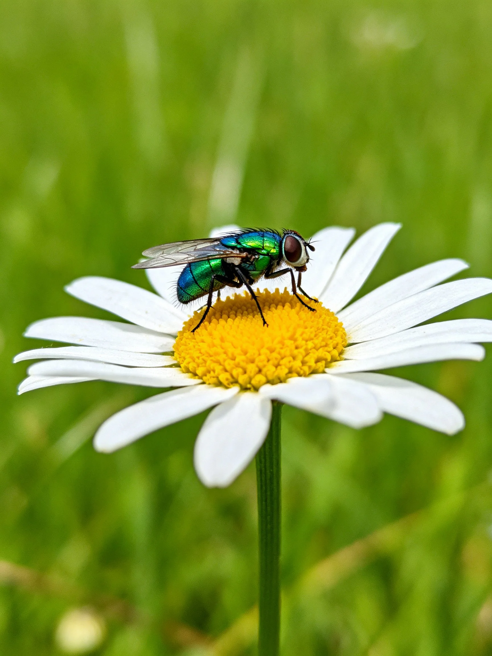 A metallic green fly perches on a white daisy with a yellow center