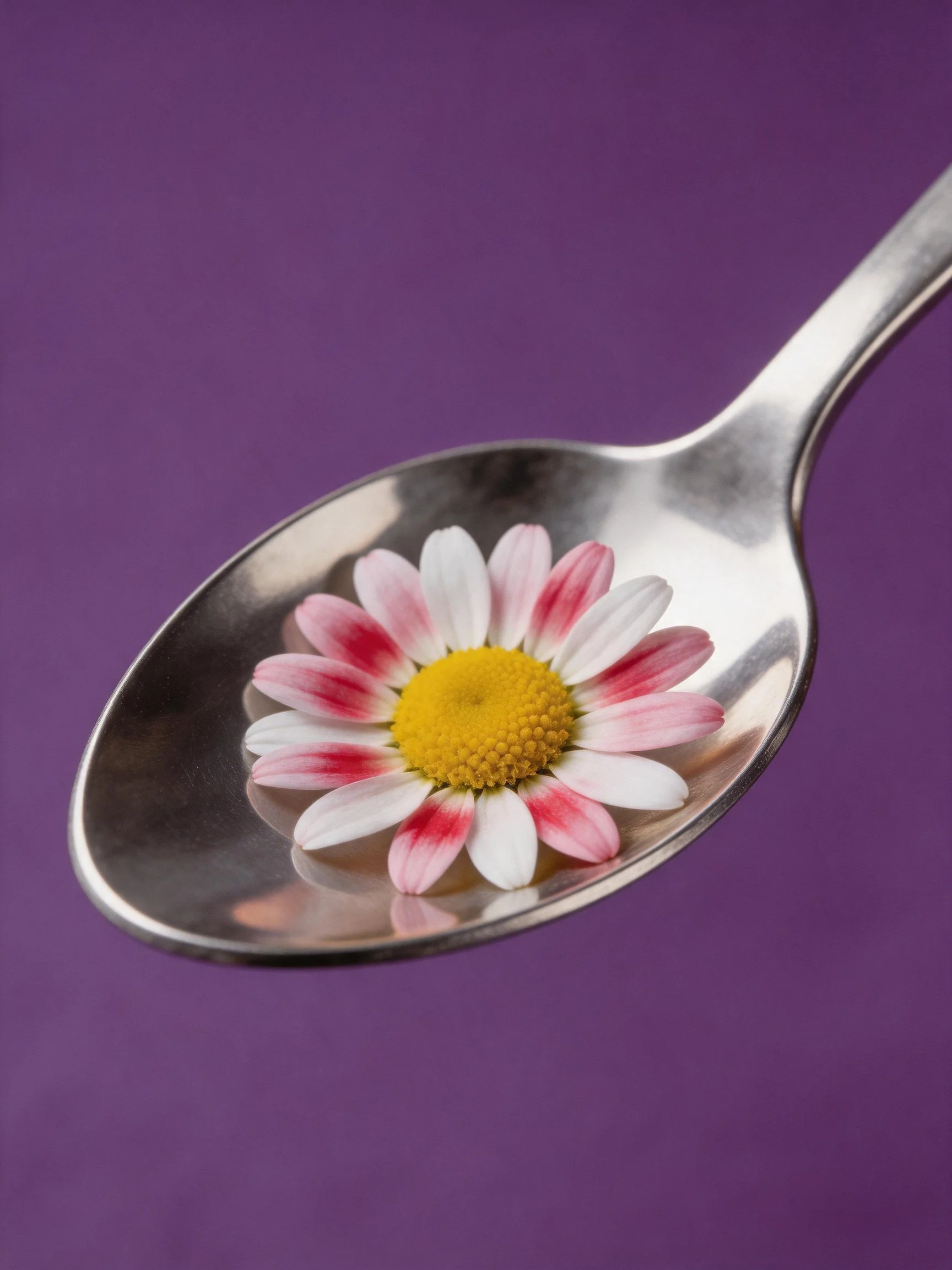 A metallic spoon holds a pink-and-white daisy against a purple backdrop
