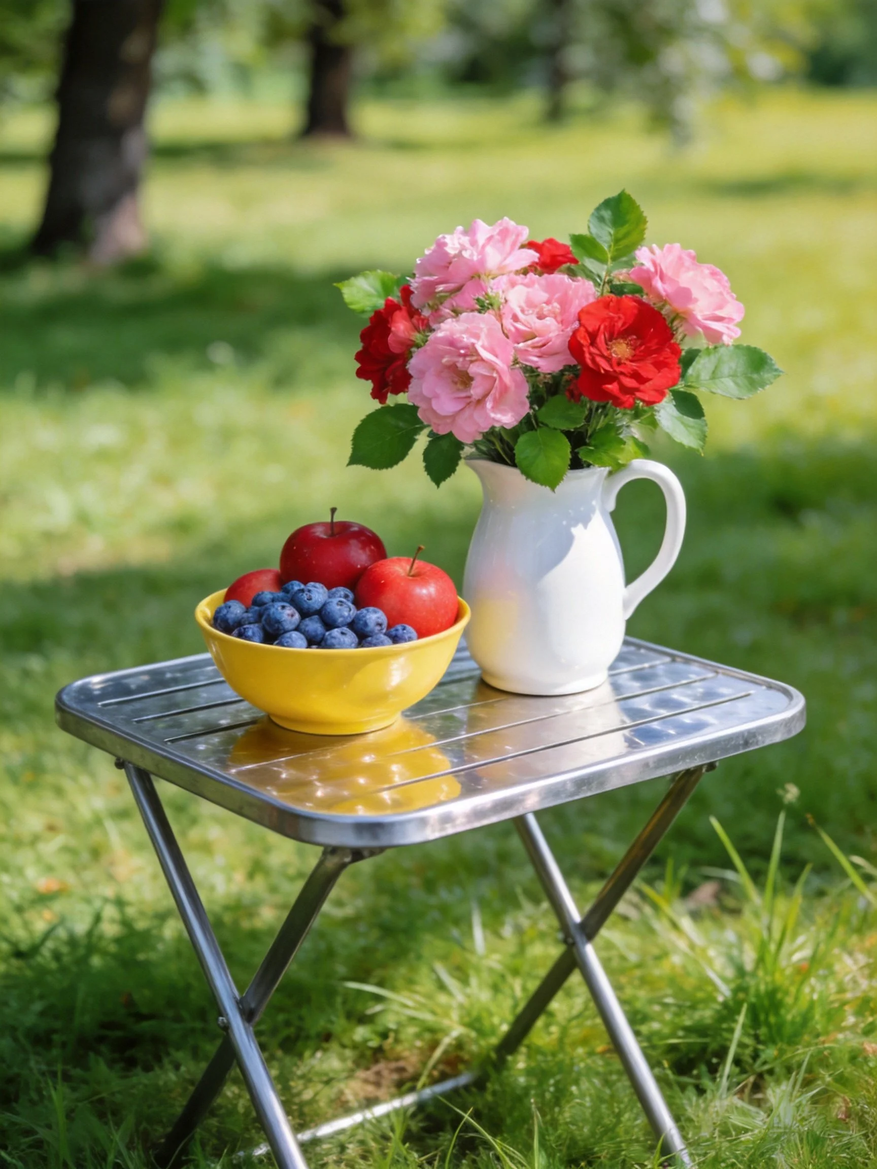 A metallic table holds a yellow fruit bowl and a white flower pitcher outdoors