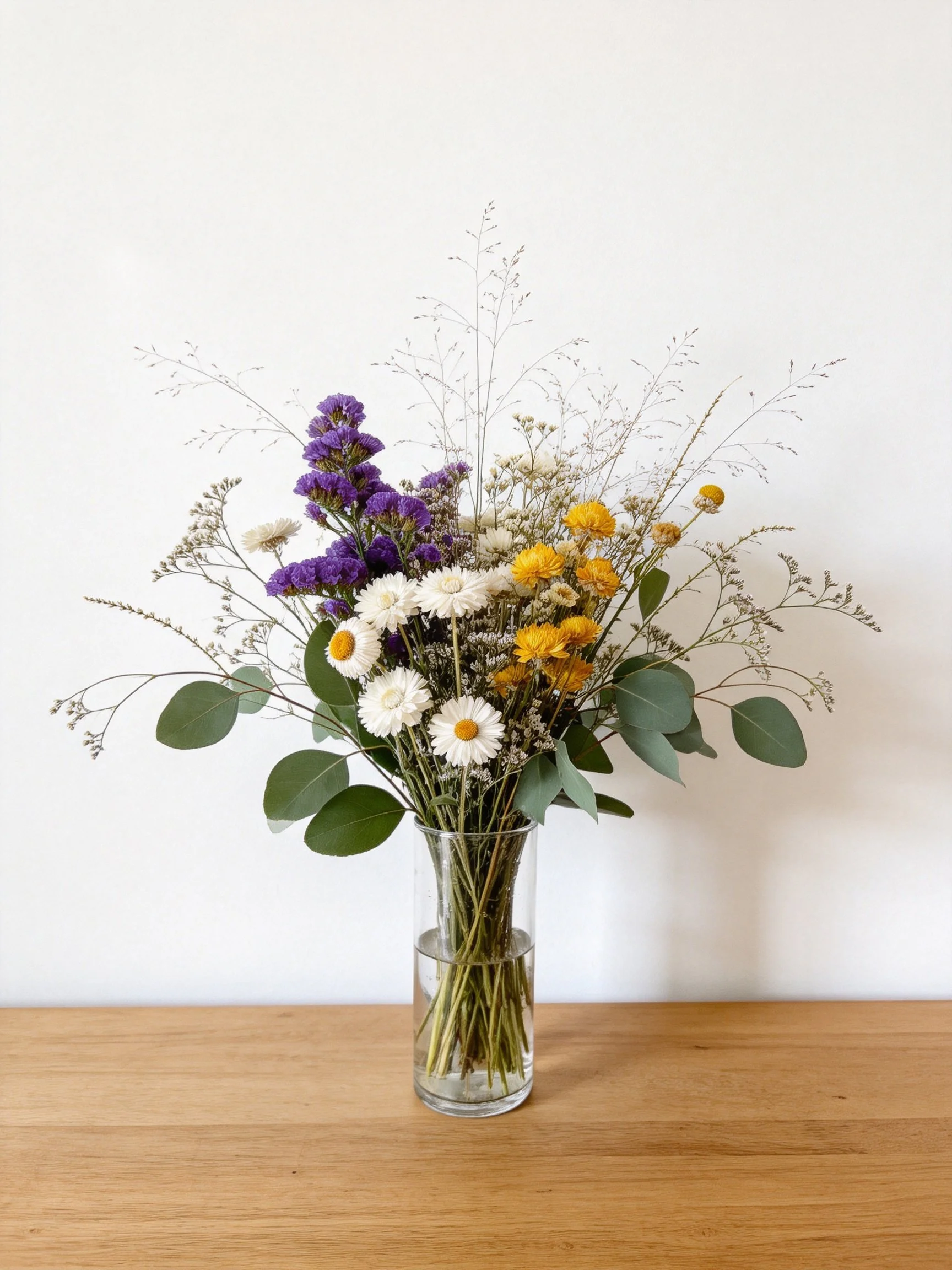 A mixed floral arrangement with purple, white, yellow blooms
