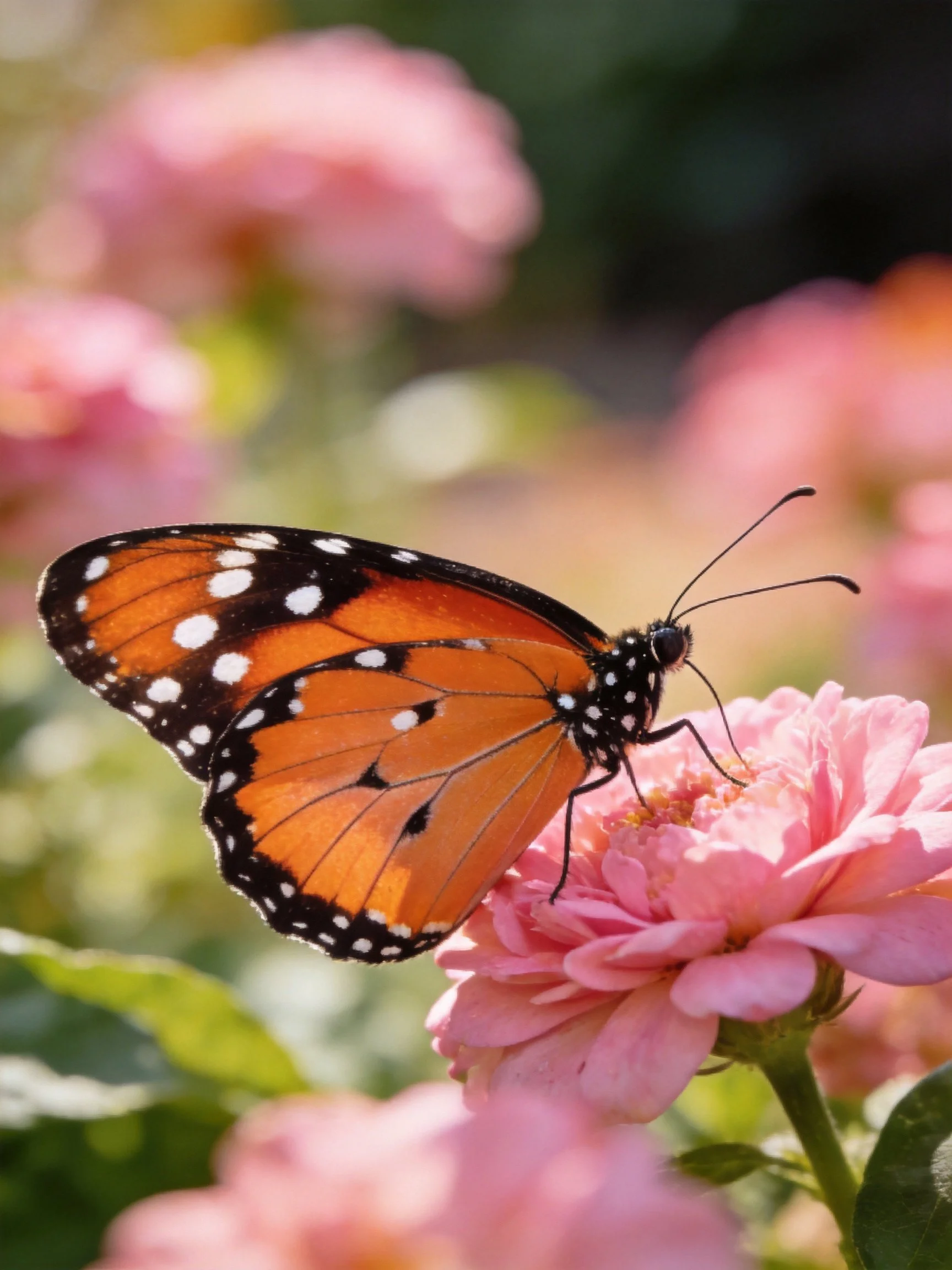 A monarch butterfly perched on vibrant pink flowers