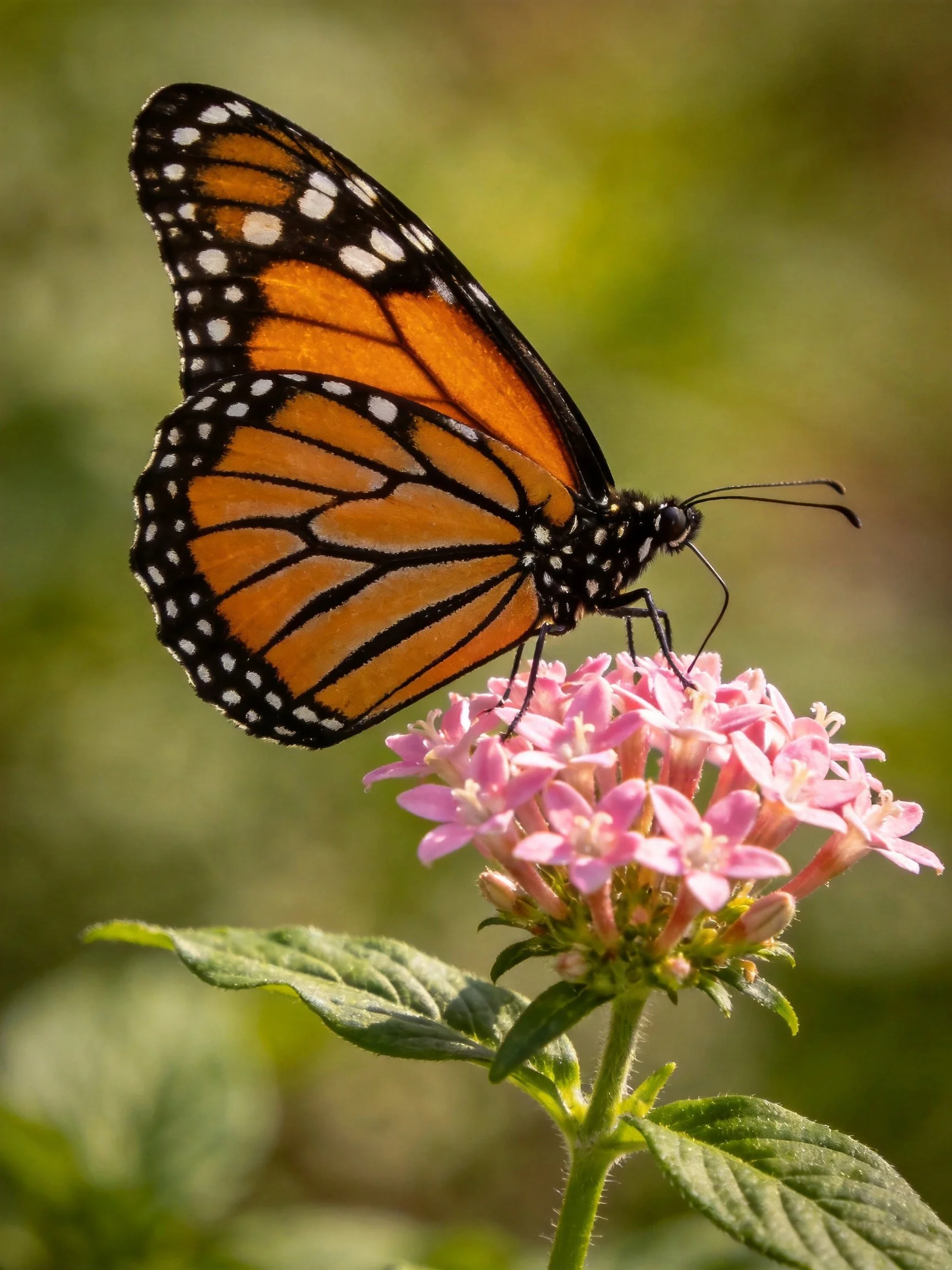 A monarch butterfly perched on vibrant pink flowers with black and orange wings
