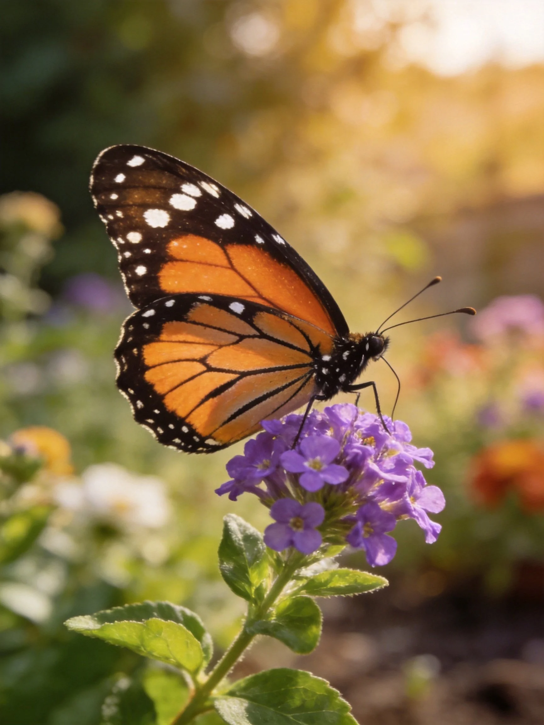 A monarch butterfly perched on vibrant purple blooms
