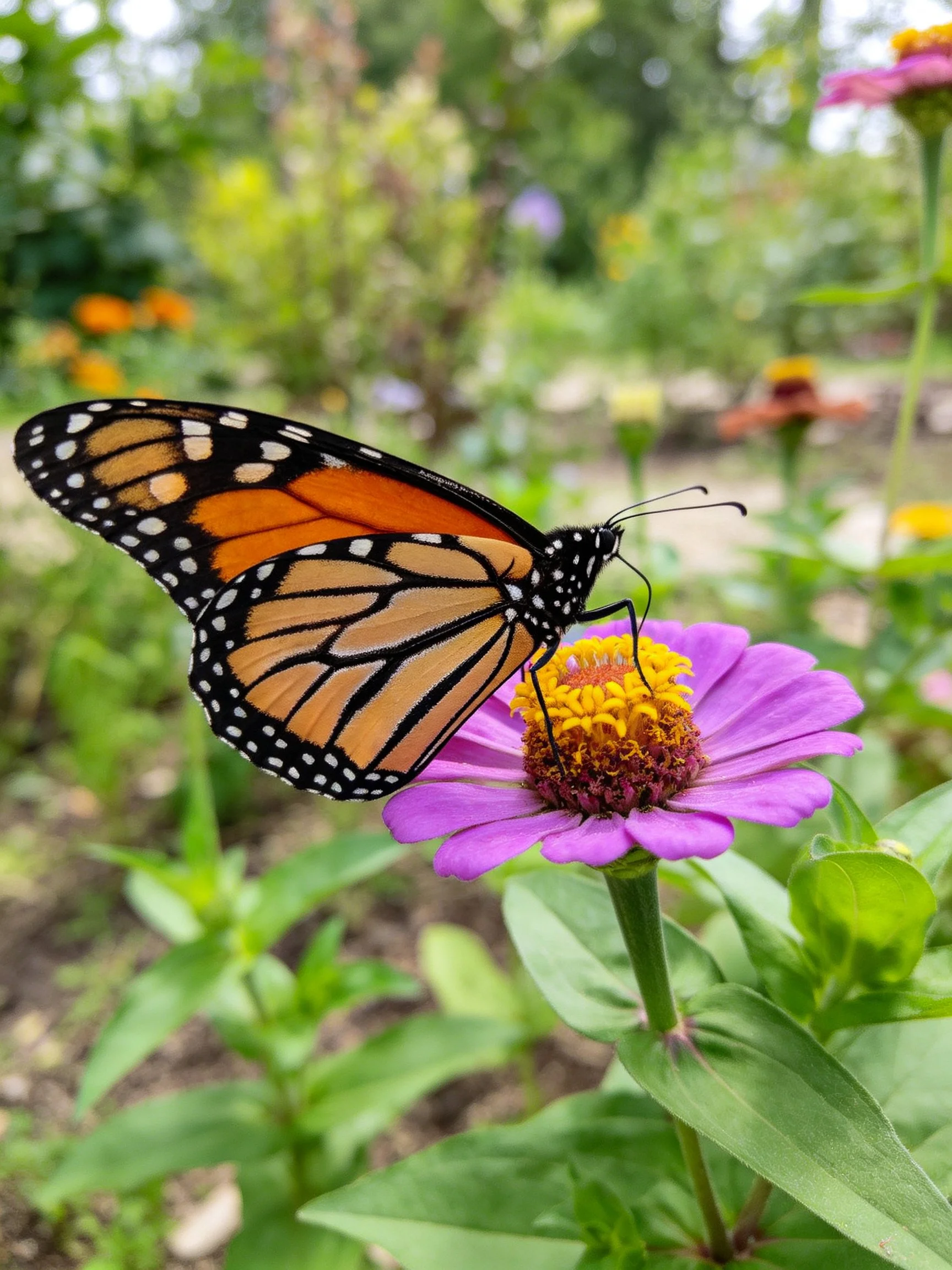 A monarch butterfly perches on a vibrant purple zinnia flower