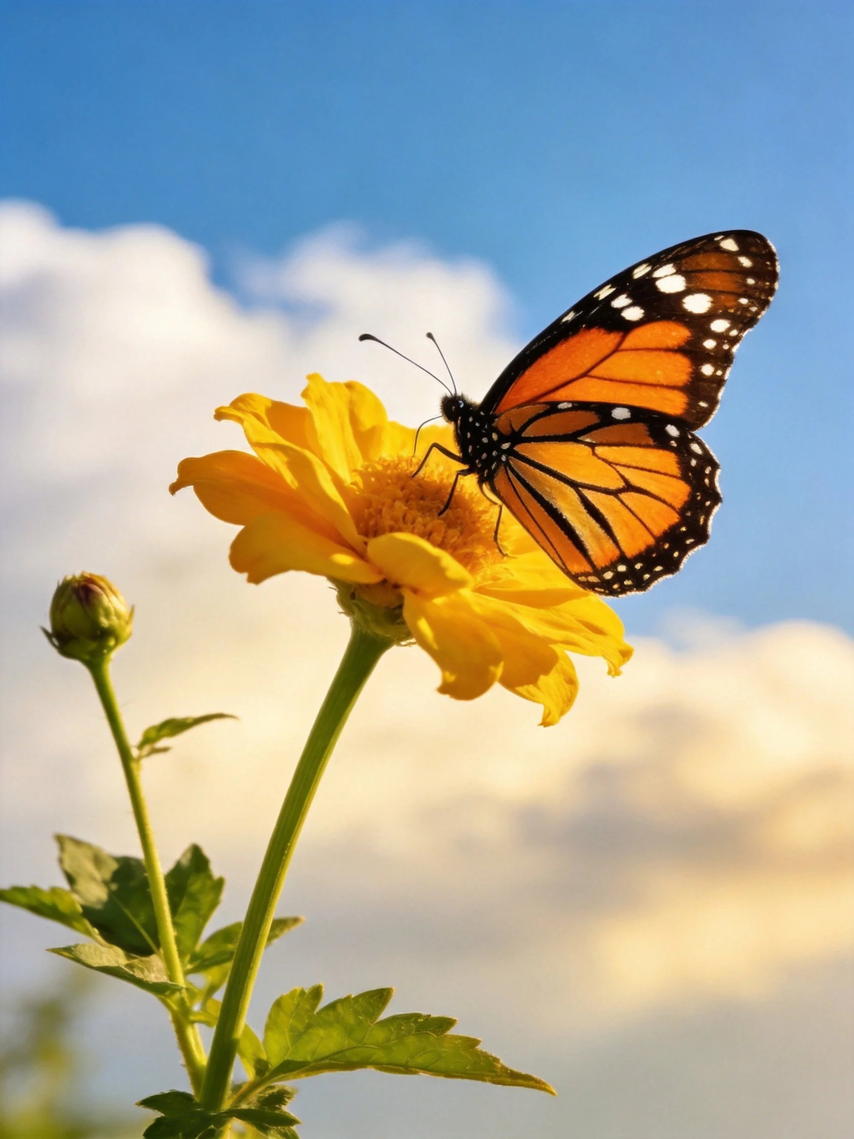 A monarch butterfly rests on a vibrant yellow flower