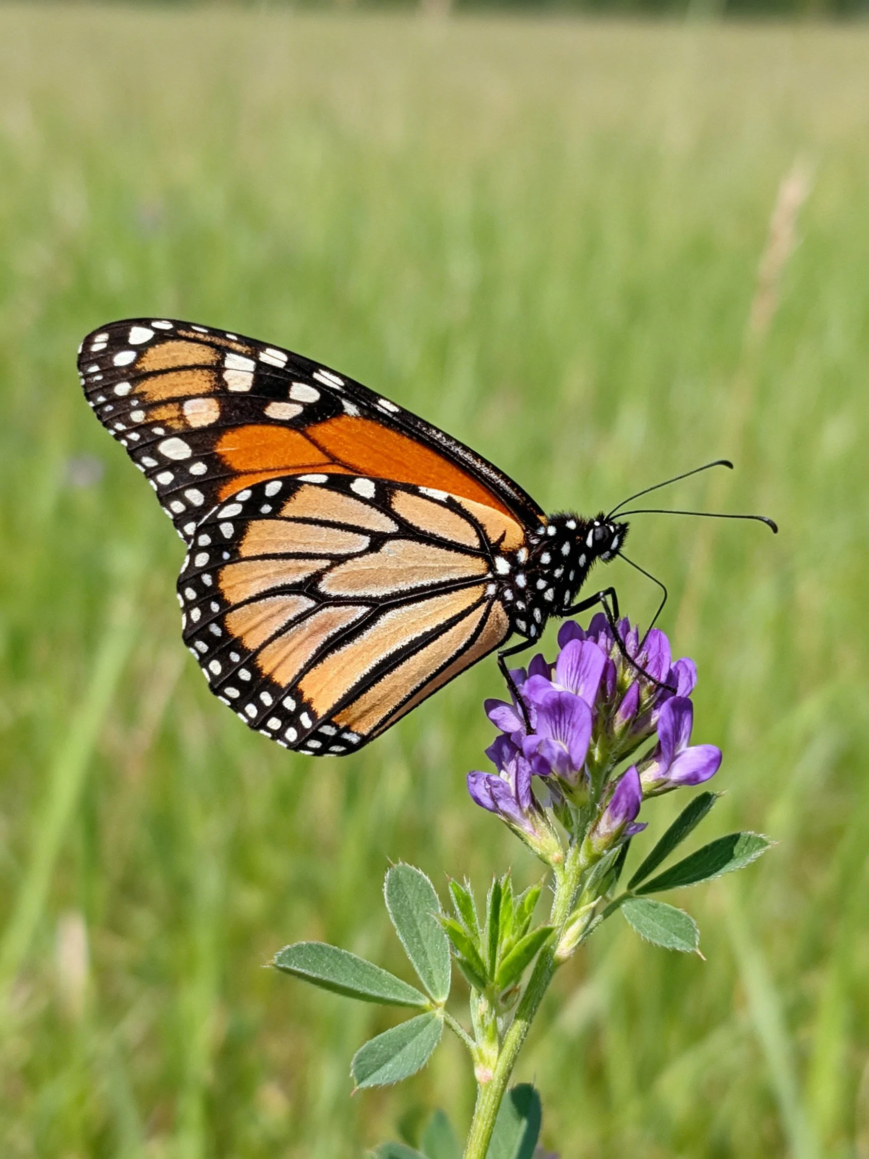 A monarch butterfly rests on purple wildflowers amid green grass