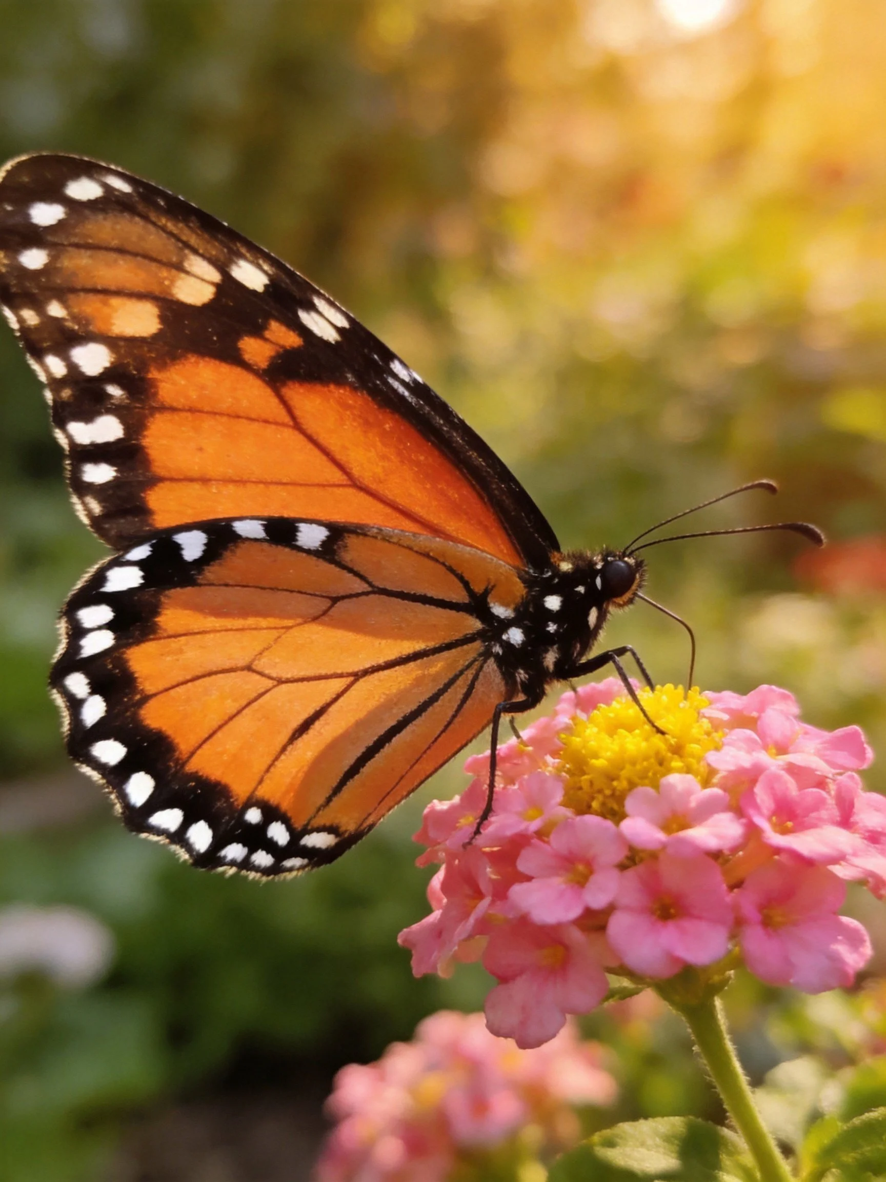 A monarch butterfly rests on vibrant pink and yellow flowers